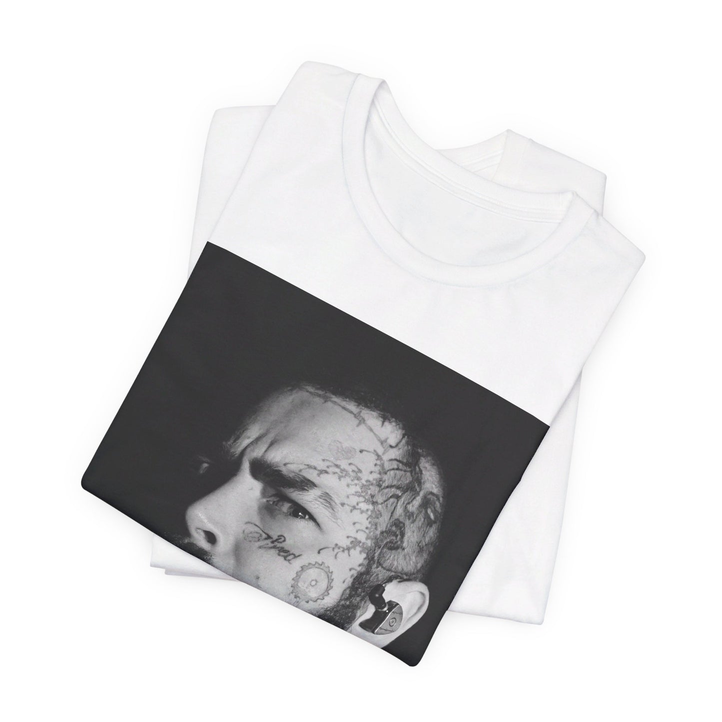 A black graphic t-shirt featuring a black and white portrait graphic of Post Malone.