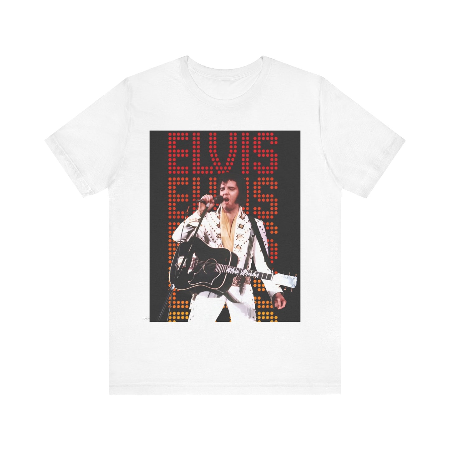 A black graphic t-shirt featuring a graphic related to Elvis Presley's '68 Comeback Special'.