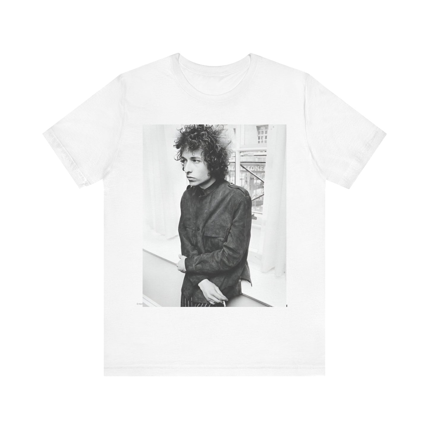 A black graphic t-shirt featuring a classic Americana-style graphic of Bob Dylan, possibly with folk elements.