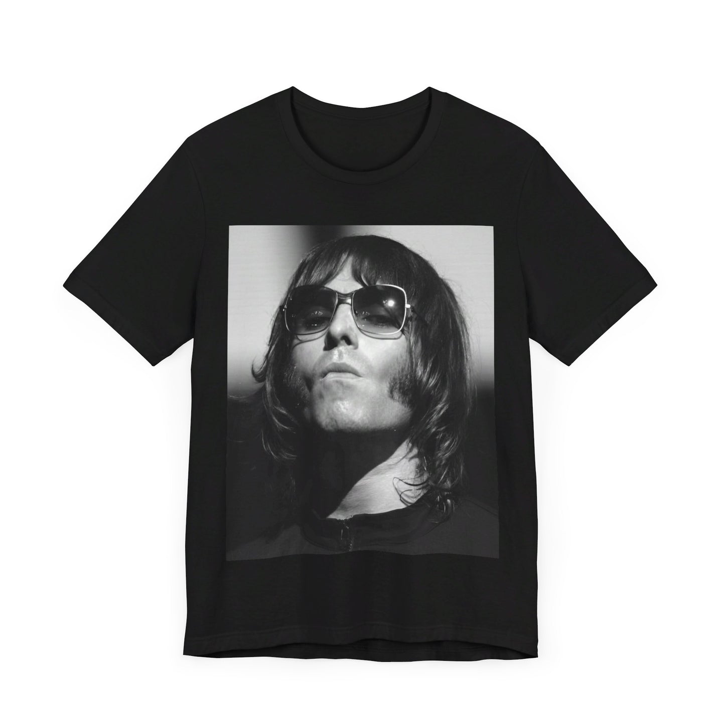 A black graphic t-shirt featuring a graphic of Liam Gallagher from Oasis related to the 'Morning Glory' album era.