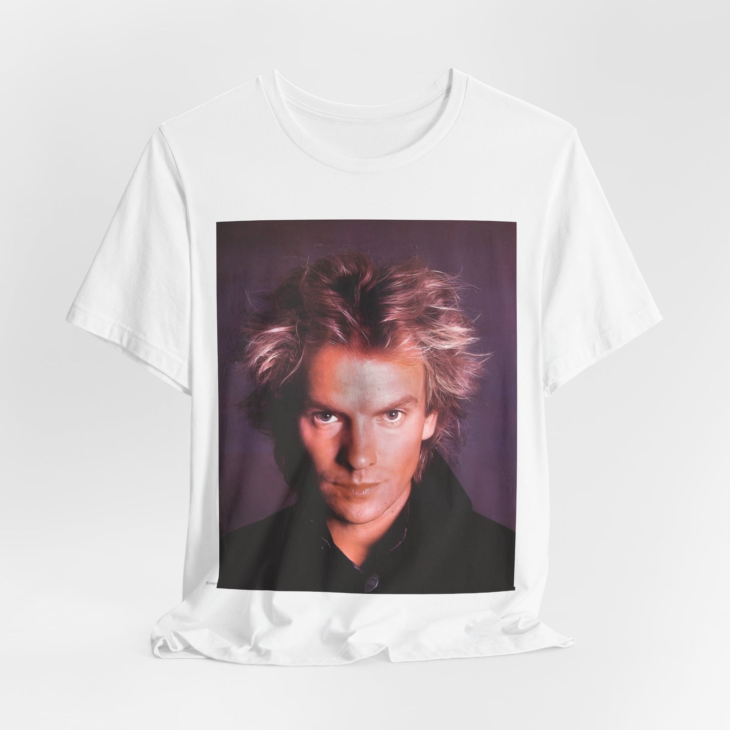 A black graphic t-shirt featuring a graphic related to Sting's 'Every Breath You Take' song or era.
