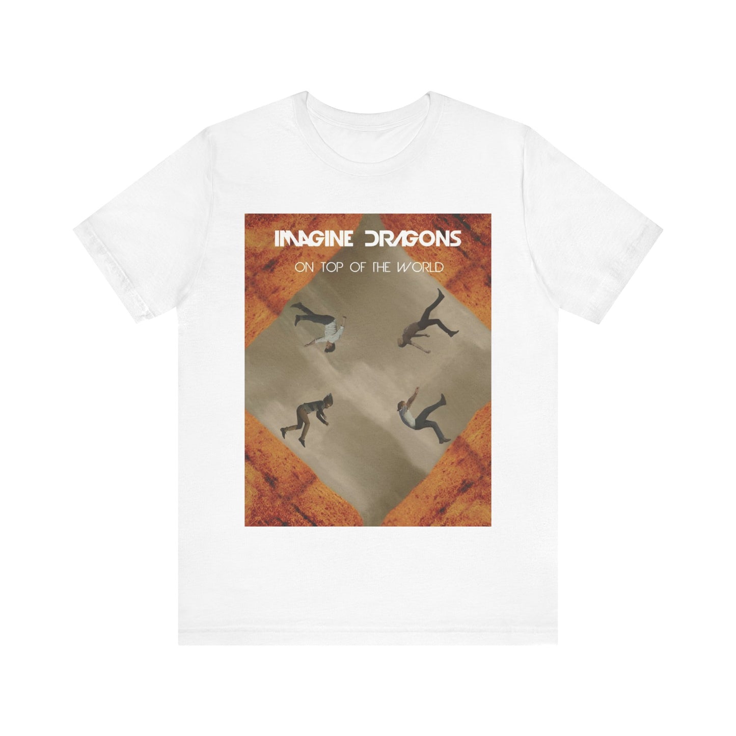 A black graphic t-shirt featuring a graphic related to Imagine Dragons' 'On Top of The World' song.