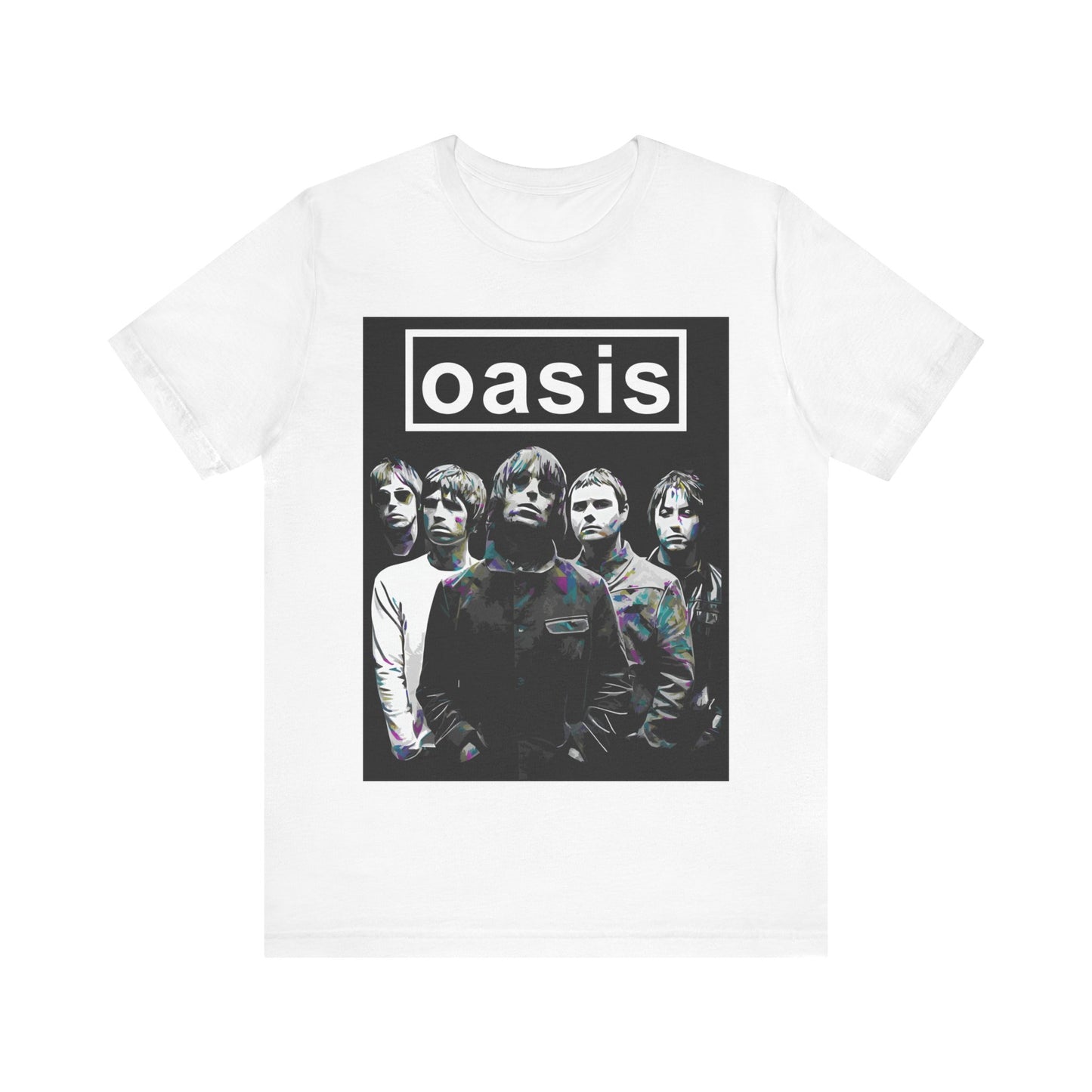 A black graphic t-shirt featuring a retro graphic related to Oasis's 'Definitely Maybe' album era.