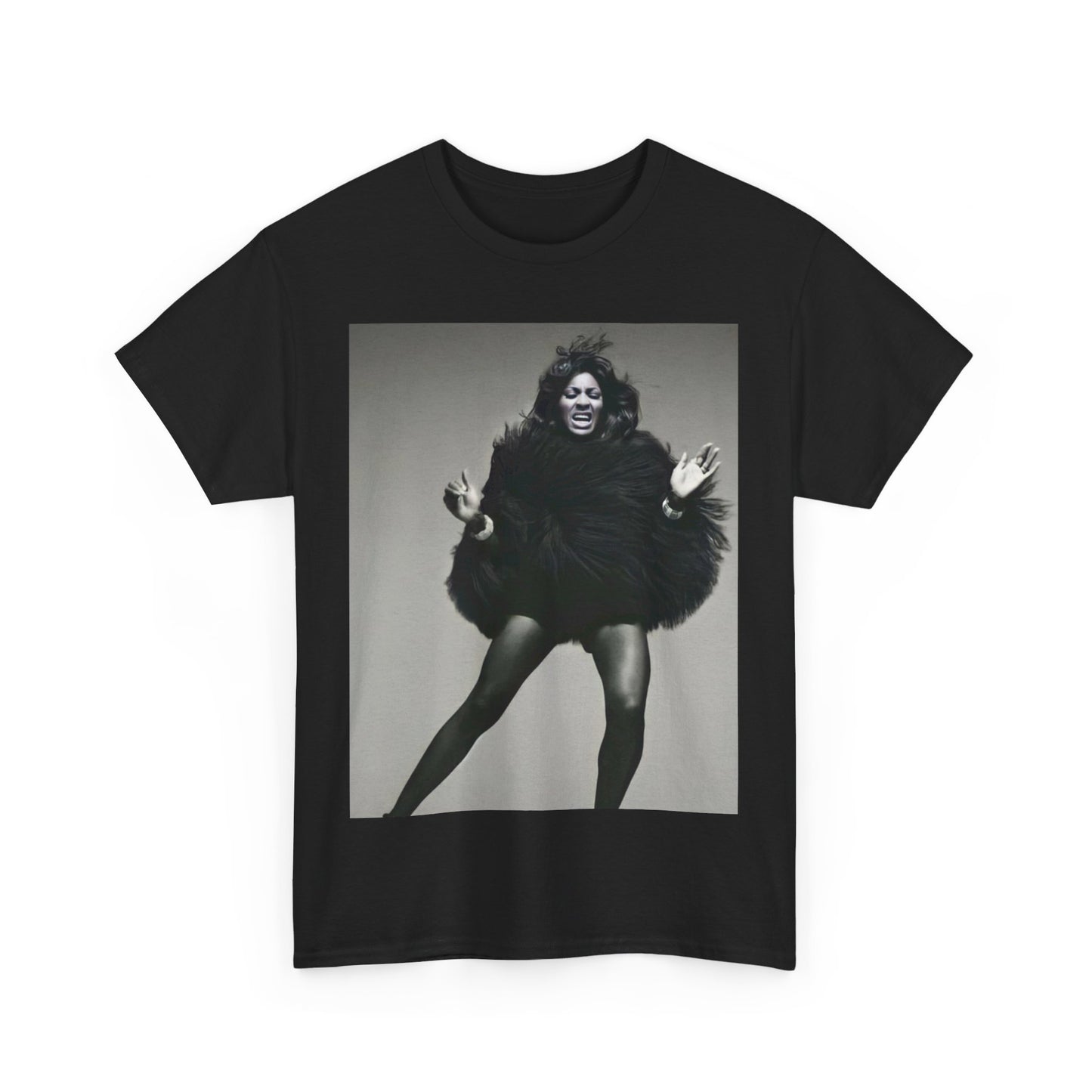 A black graphic t-shirt featuring a black and white portrait photo of Tina Turner.