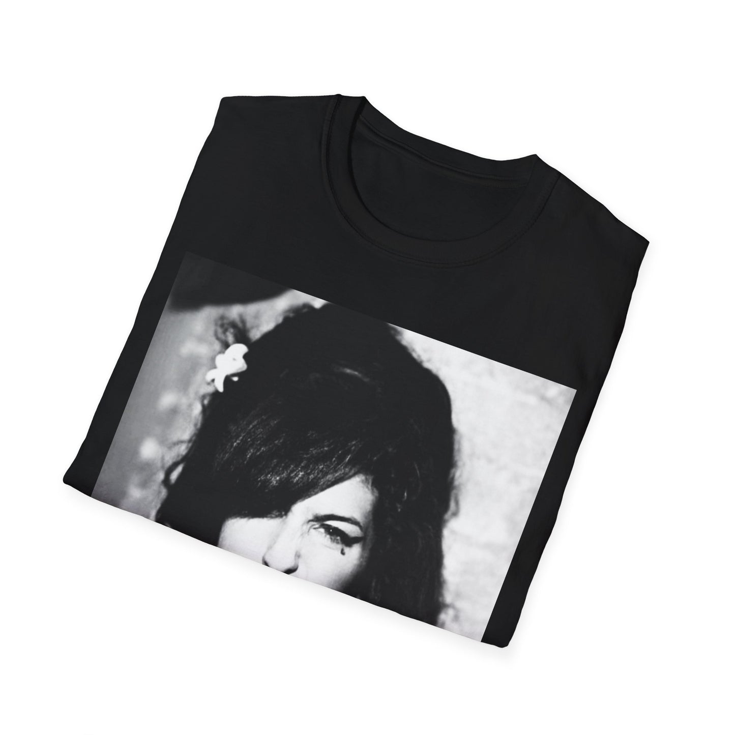 A black graphic t-shirt featuring a bold graphic of Amy Winehouse, possibly with text like "Bad Girl" or a rebellious pose.