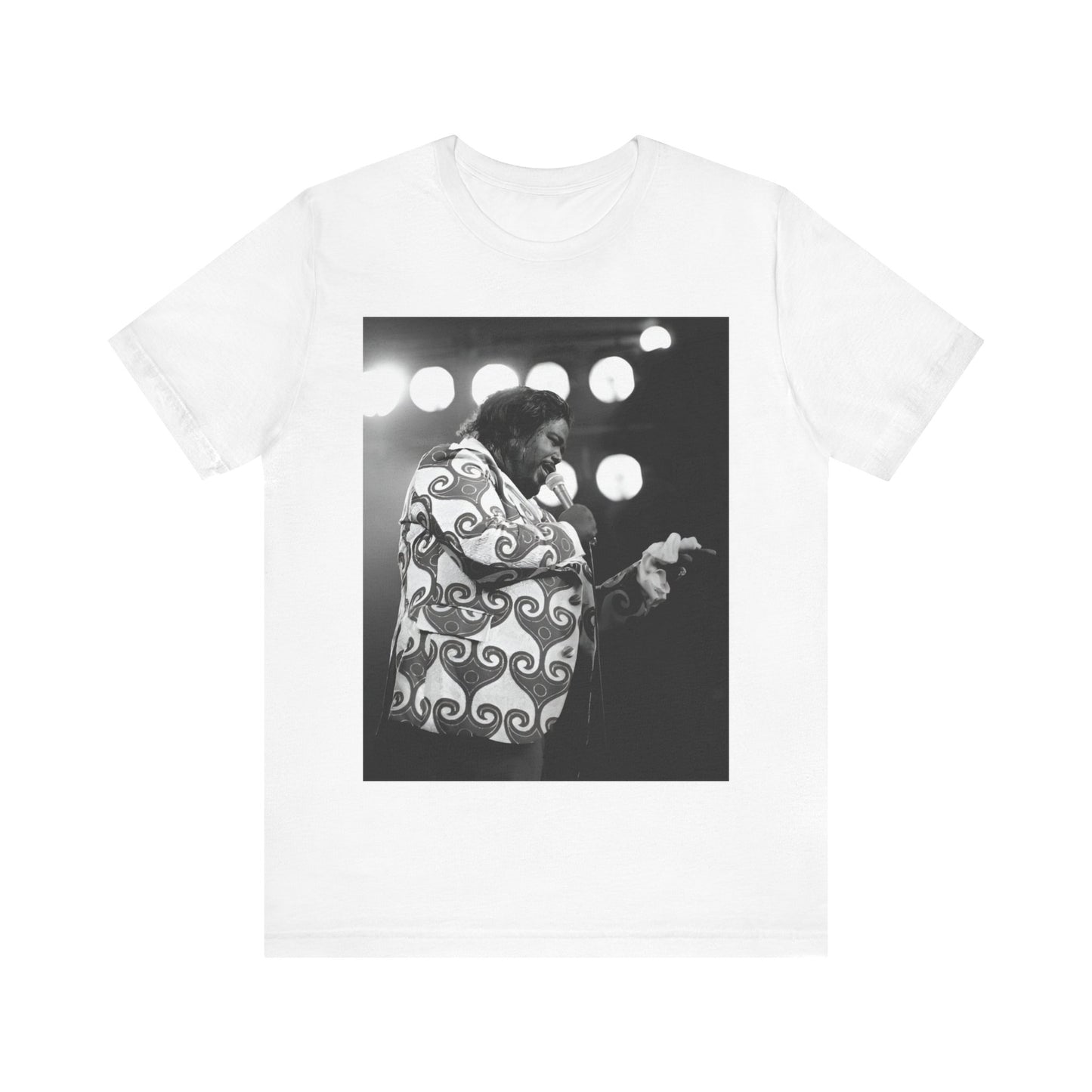 A black graphic t-shirt featuring a graphic or photo of Barry White performing live on stage in the 1970s.