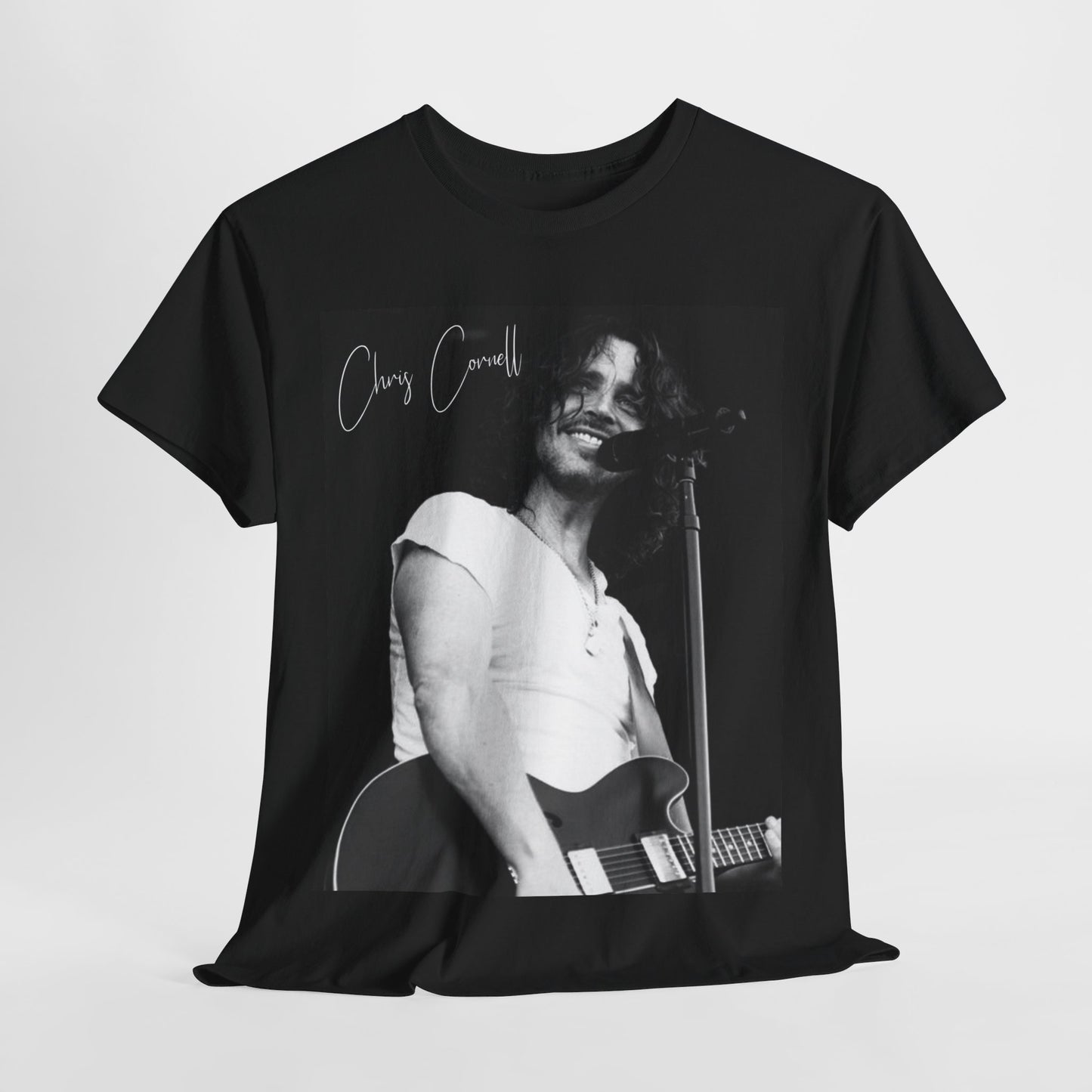 A black graphic t-shirt featuring a black and white graphic of Chris Cornell, evoking the Seattle rock sound.