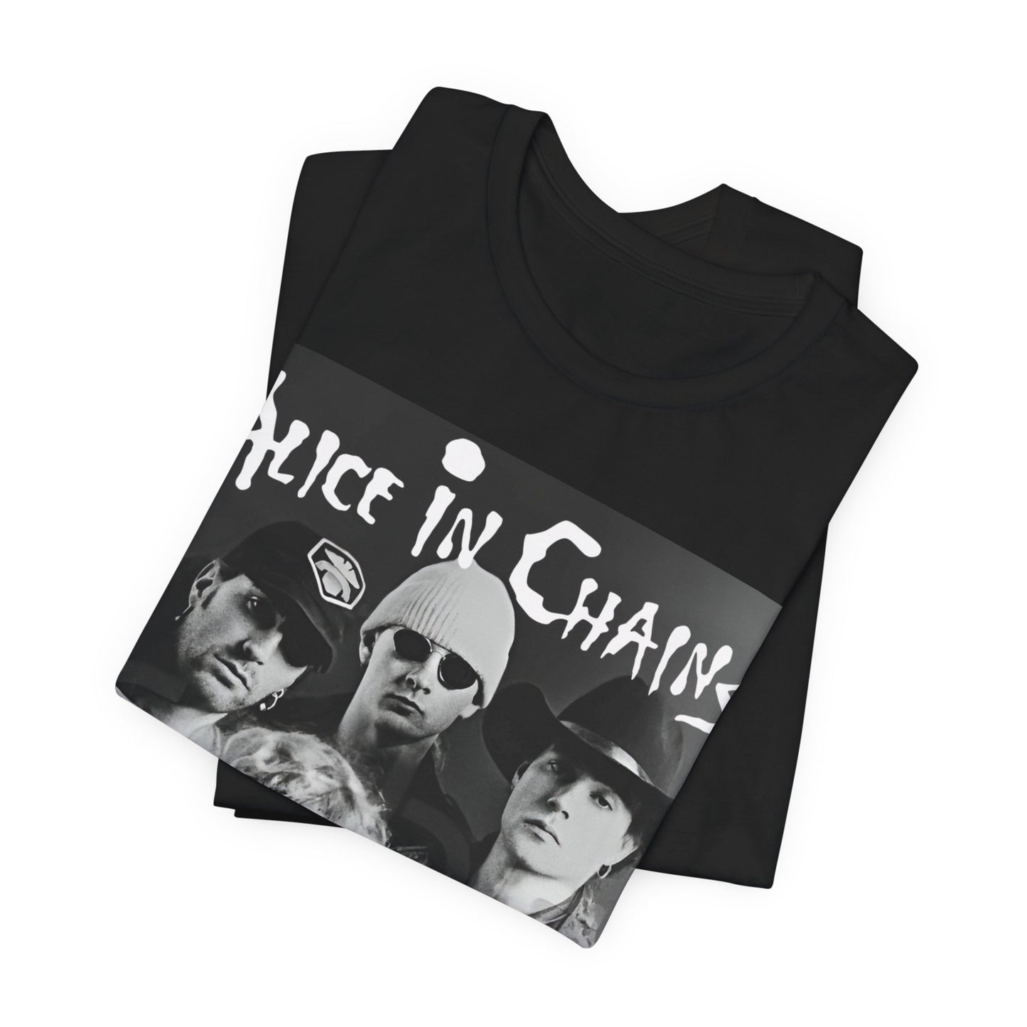 A black graphic t-shirt featuring a black and white photographic portrait of the band Alice In Chains, capturing their iconic grunge look.