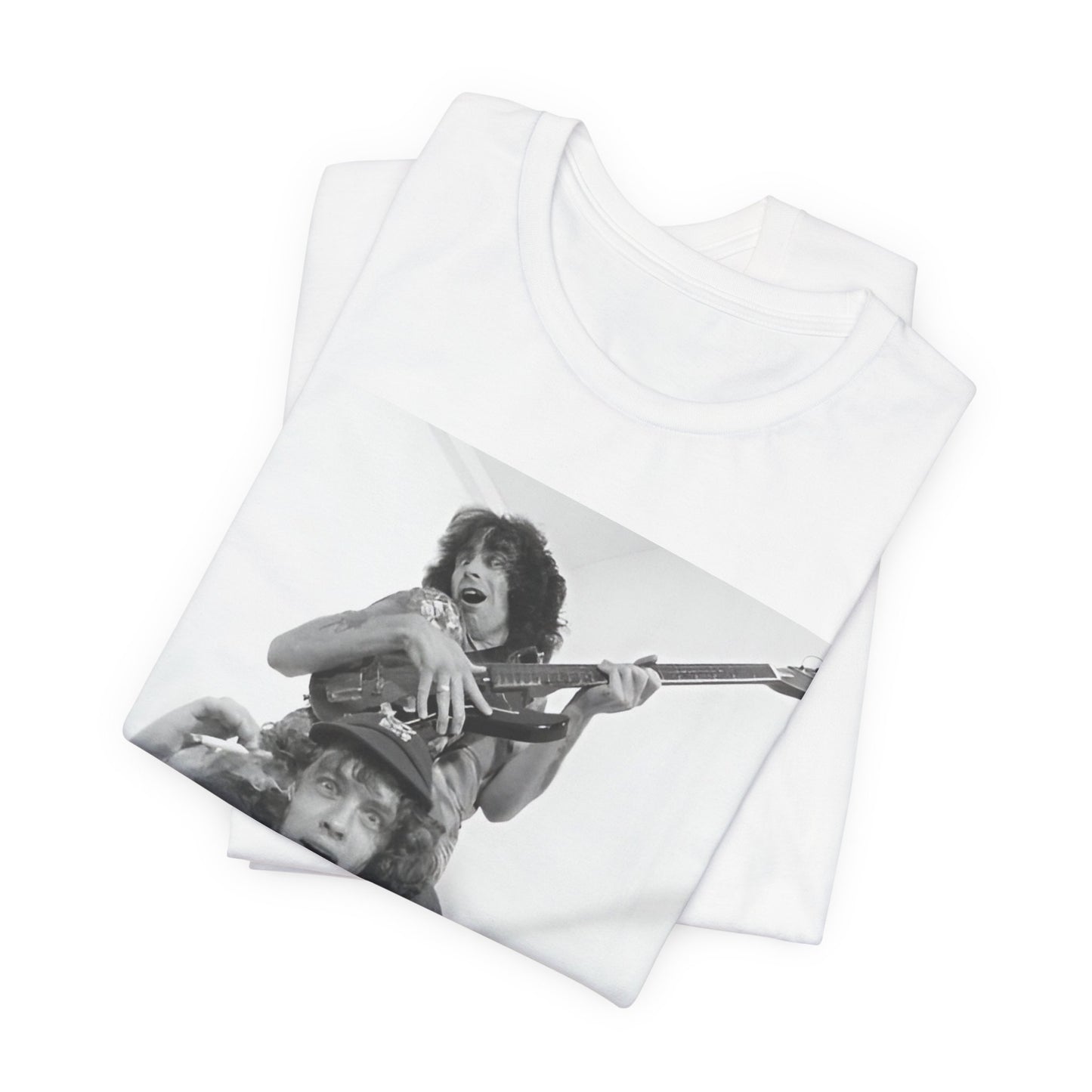 A black graphic t-shirt featuring a split image of AC/DC's Bon Scott and Angus Young, representing the band's iconic duo.