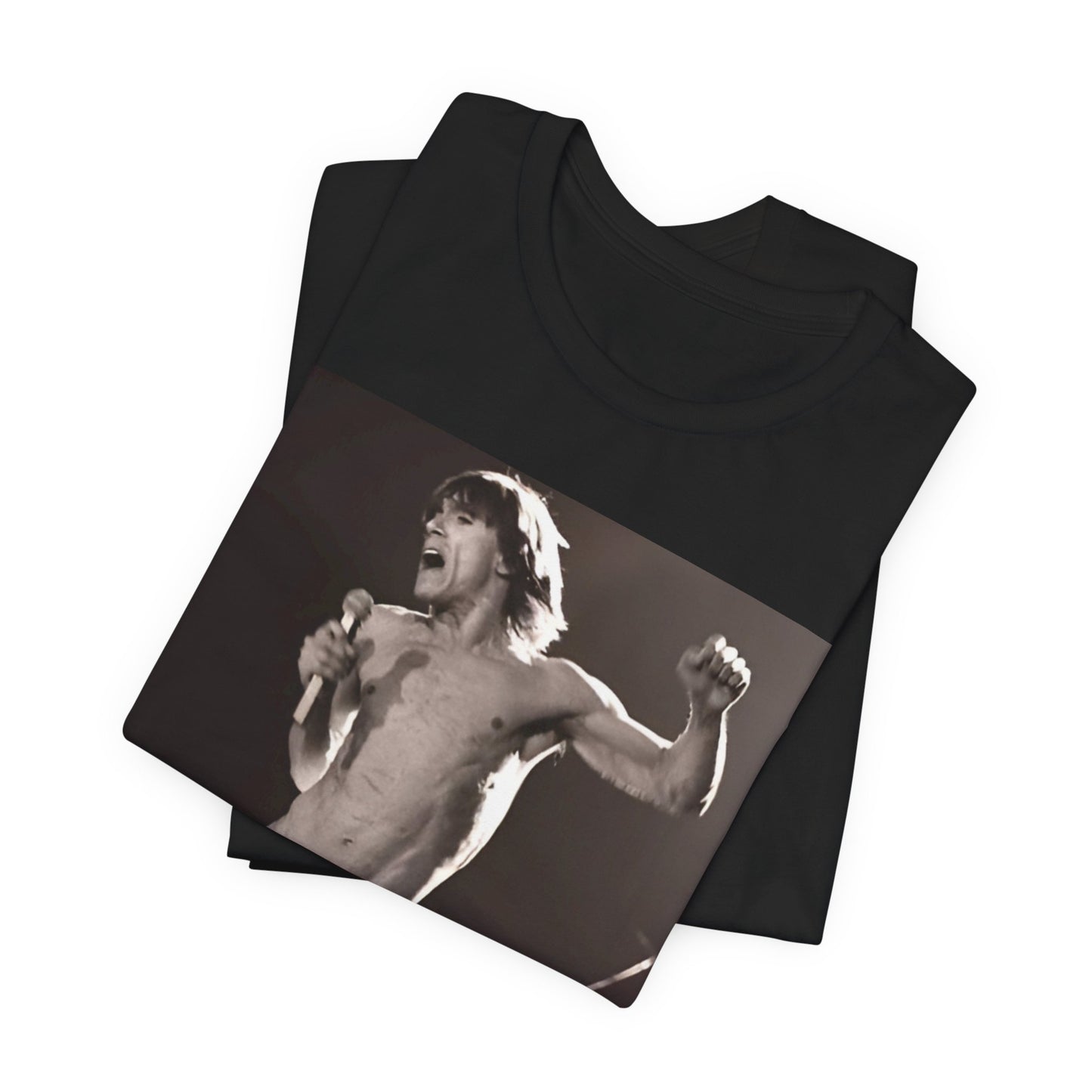 A black graphic t-shirt featuring a black and white graphic or photo of Iggy Pop performing live on stage.