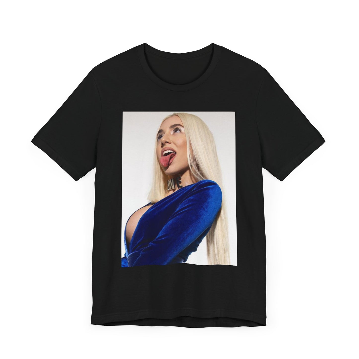 A black graphic t-shirt featuring a stylized graphic of Ava Max, designed to evoke a modern pop music vibe.