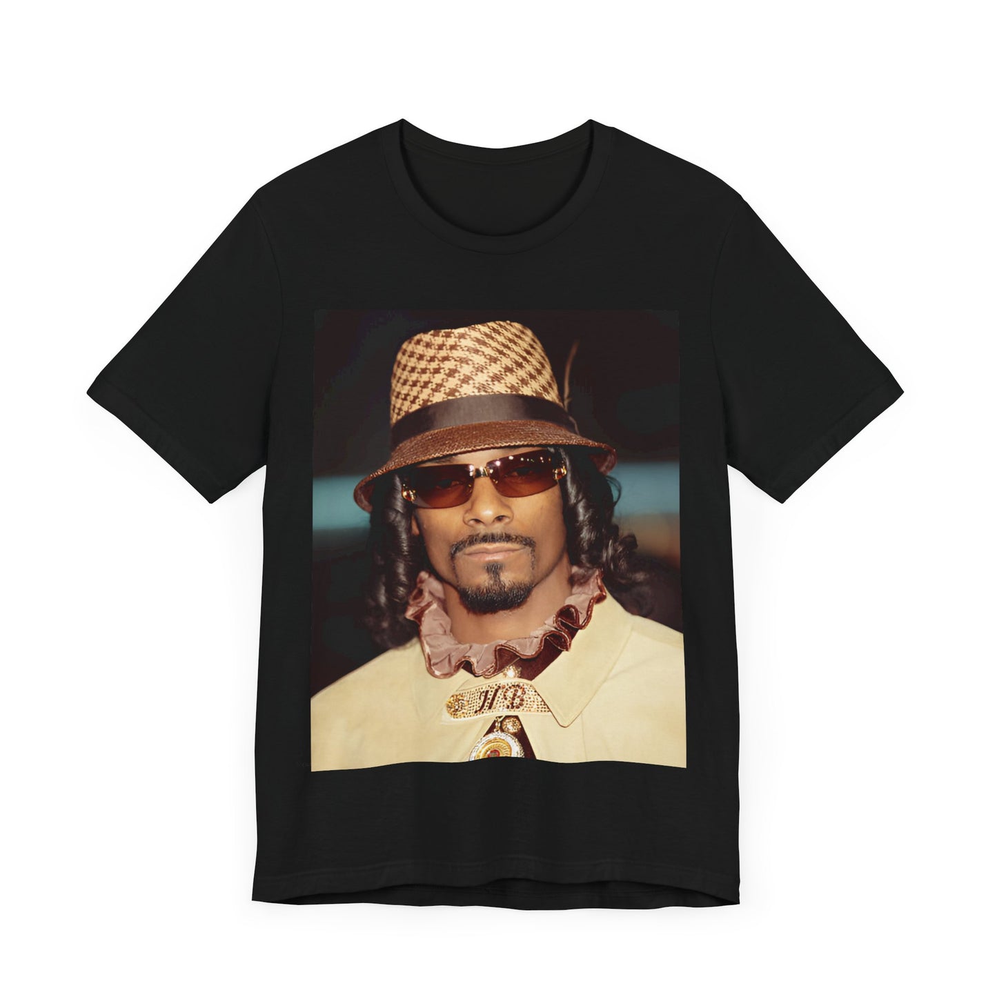 A black graphic t-shirt featuring a glamorous graphic of Snoop Dogg as a Doggfather icon.