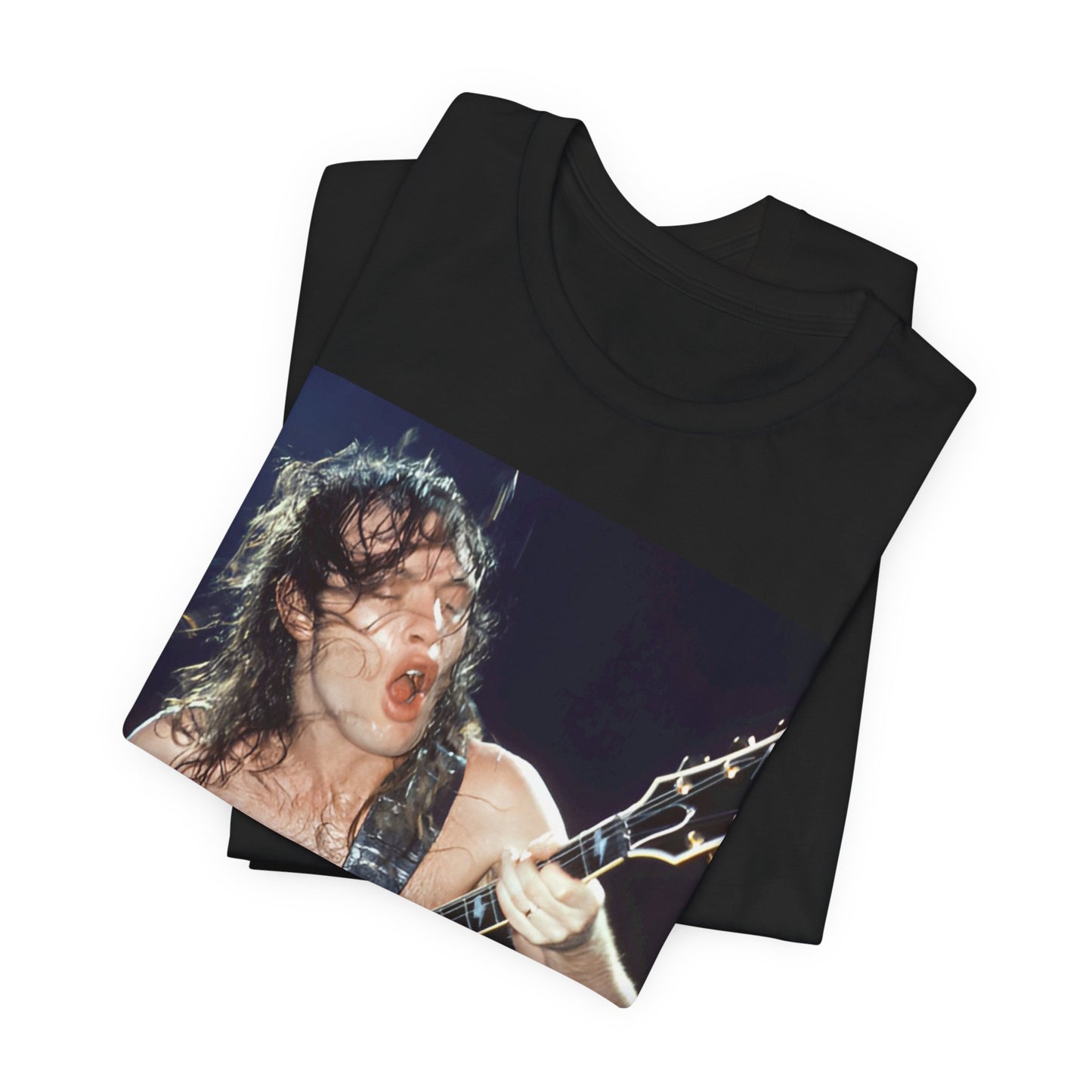 A graphic of AC/DC's lead guitarist, Angus Young, performing with high energy live on stage, printed on a t-shirt.