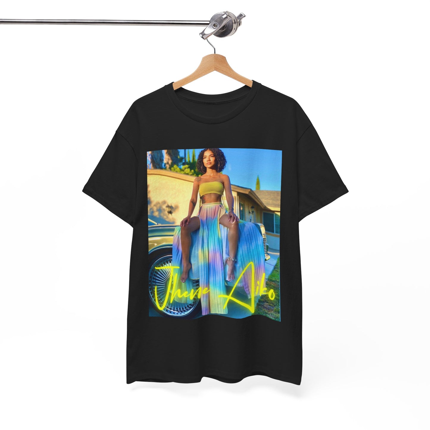 A black graphic t-shirt featuring a retro R&B aesthetic graphic of Jhene Aiko.