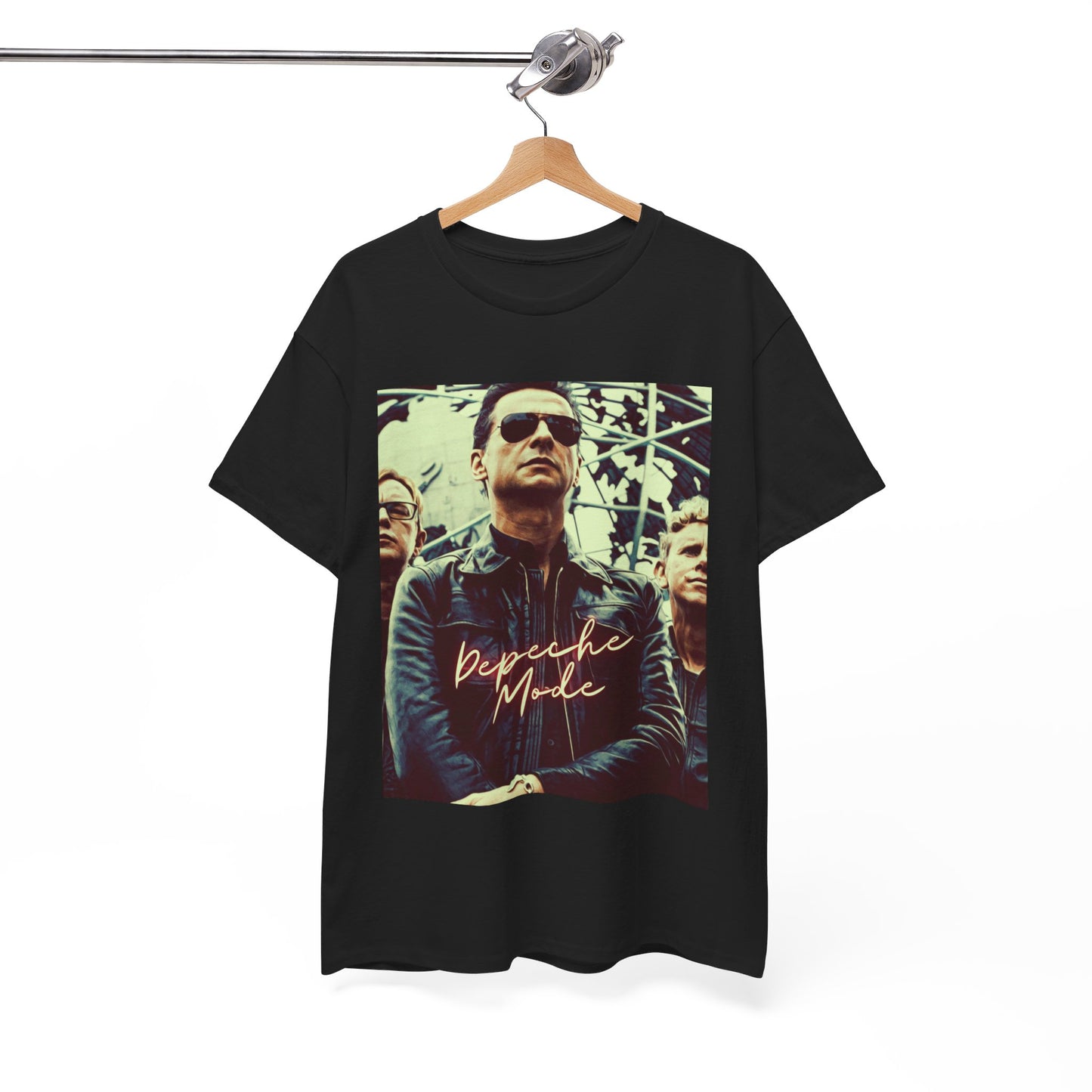 A black graphic t-shirt featuring a graphic of Depeche Mode as synth-pop pioneers.