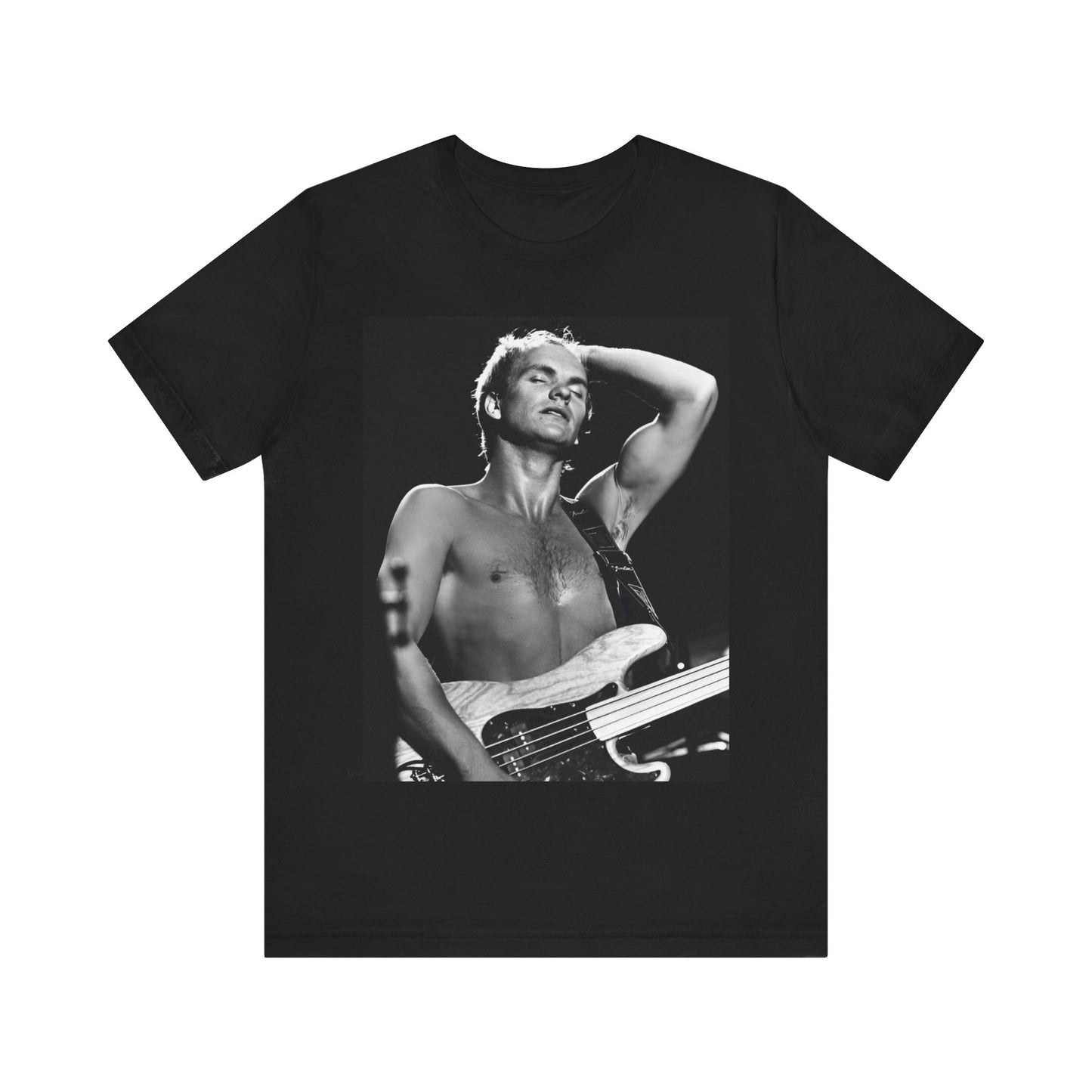 A black graphic t-shirt featuring a graphic or photo of Sting performing live on stage in 1983.