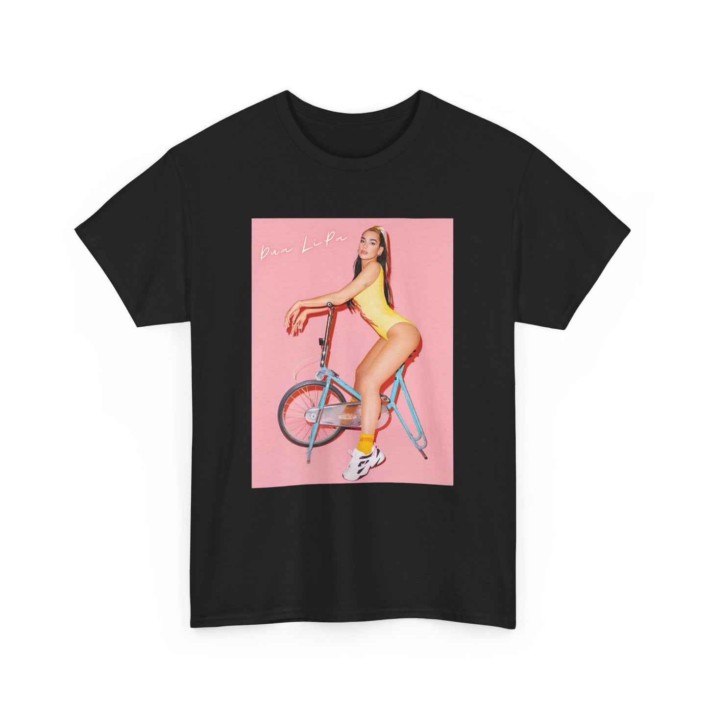A black graphic t-shirt featuring a bold graphic inspired by Dua Lipa's "Physical" song, possibly with workout themes.