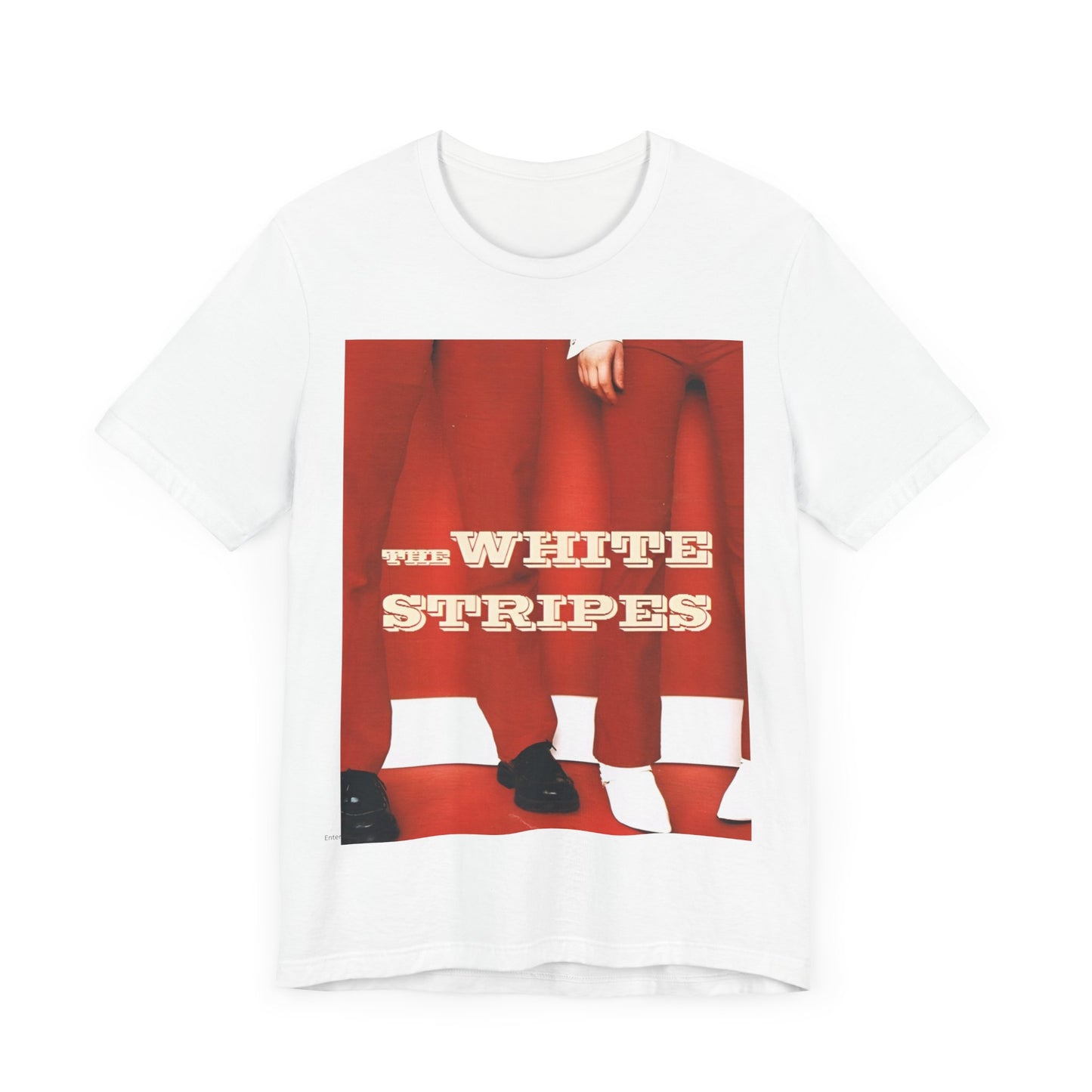 A black graphic t-shirt featuring a red and white signature graphic of The White Stripes.