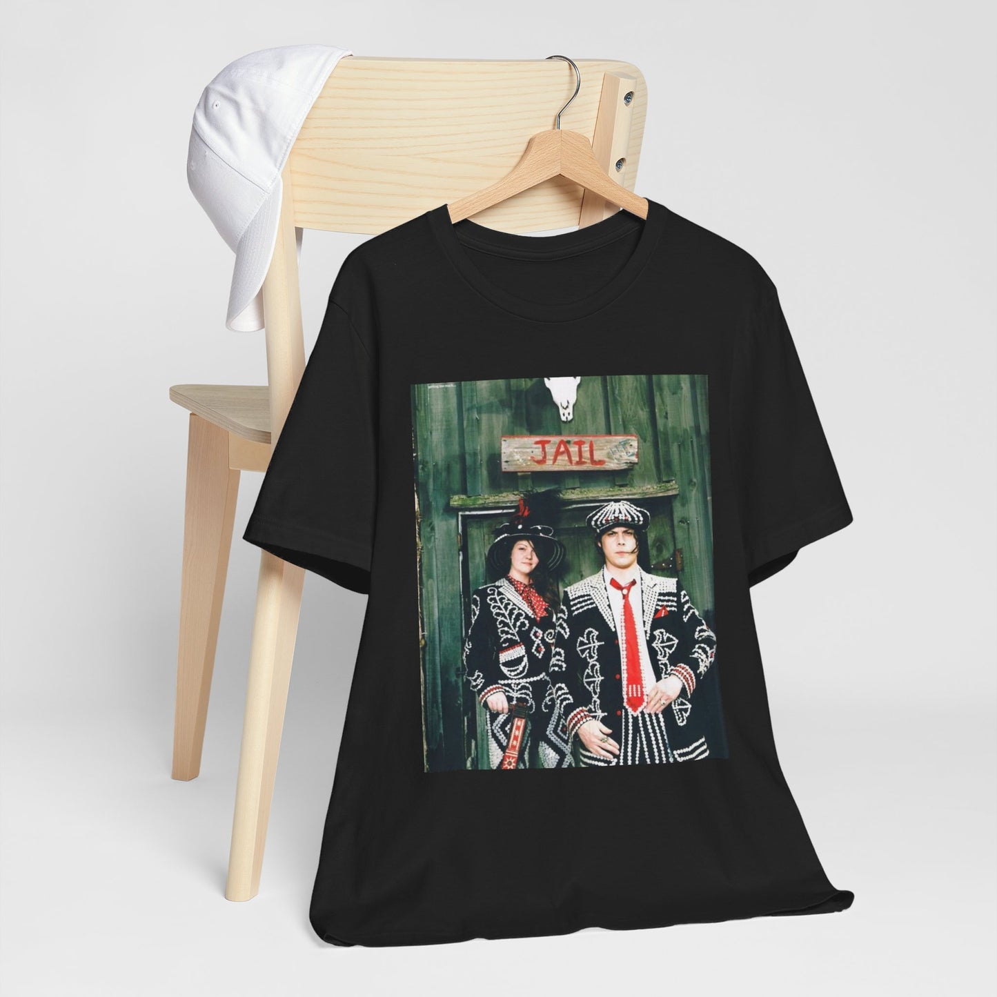A black graphic t-shirt featuring a graphic of Jack and Meg White from The White Stripes.