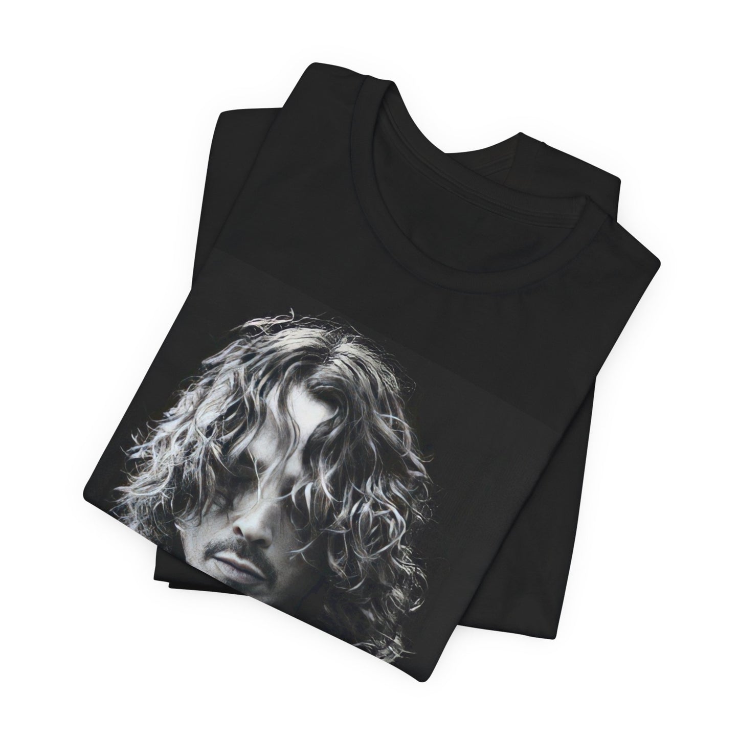 A black graphic t-shirt featuring a graphic of Chris Cornell performing live on tour in the 1990s.