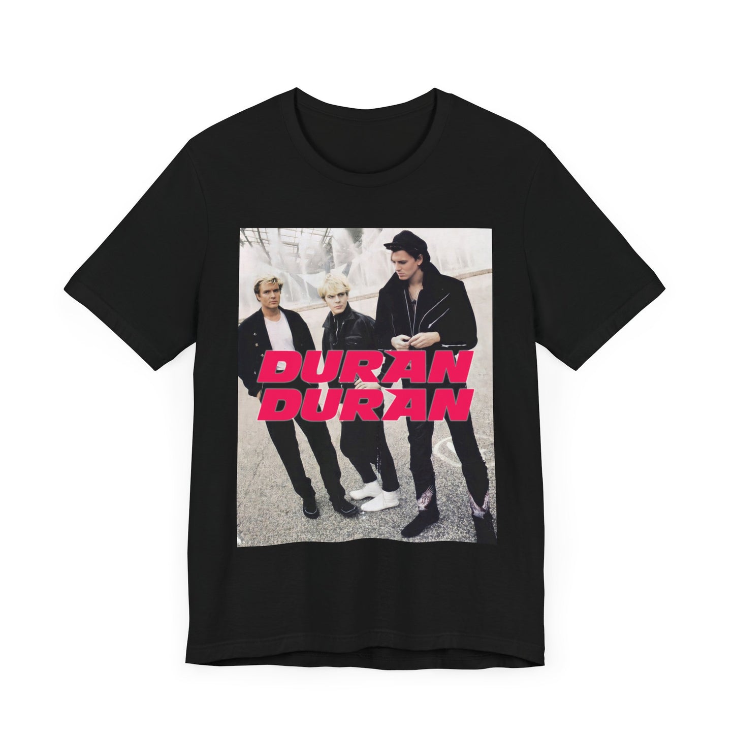 A black graphic t-shirt featuring a vintage new wave aesthetic graphic of Duran Duran.