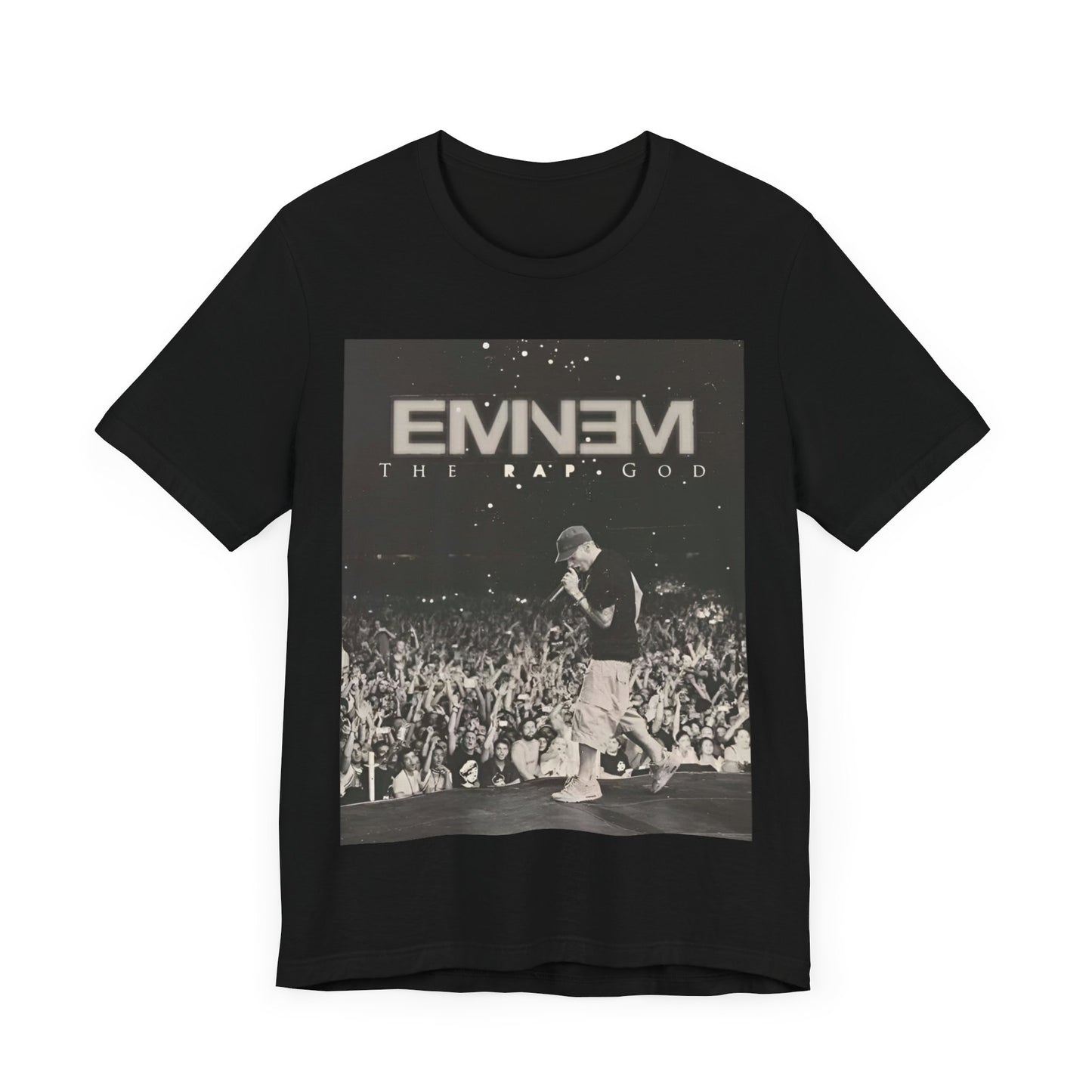 A black graphic t-shirt featuring a graphic or photo of Eminem performing live on tour.