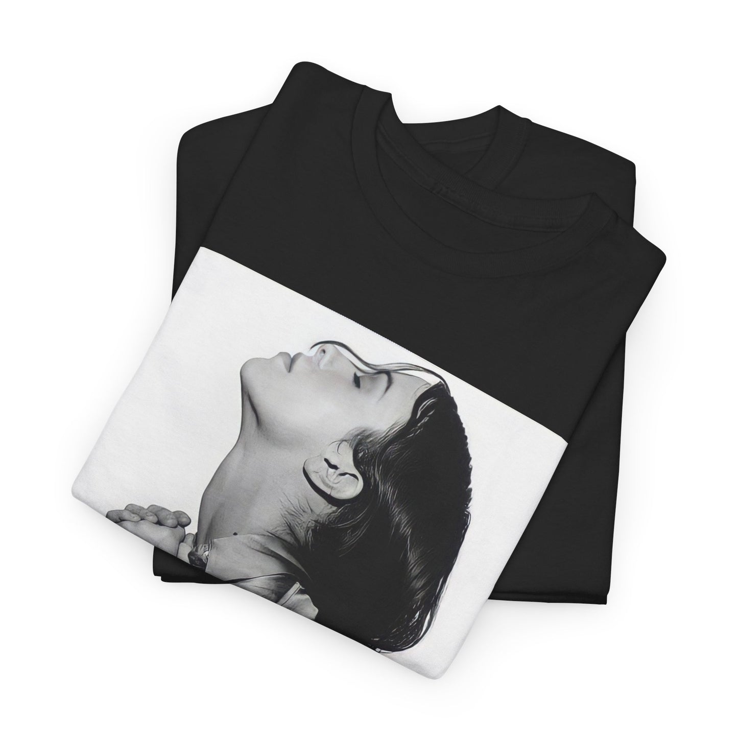 A black graphic t-shirt featuring a vintage black and white portrait of Alanis Morissette, showing her with a poised and thoughtful expression.