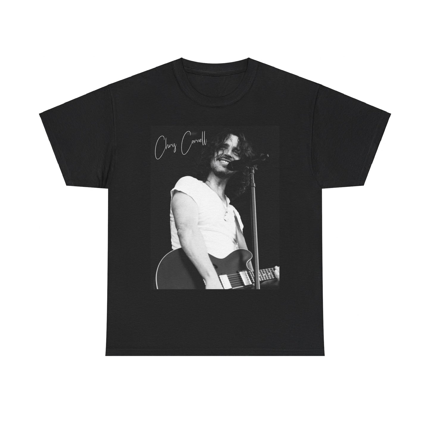 A black graphic t-shirt featuring a black and white graphic of Chris Cornell, evoking the Seattle rock sound.