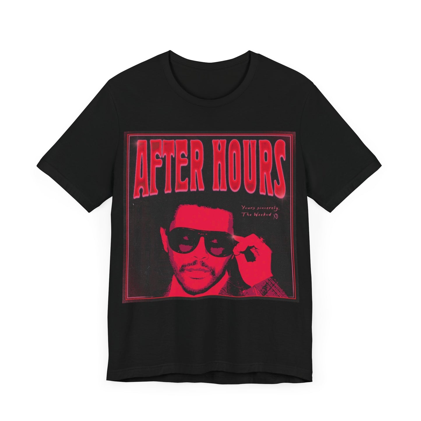 A black graphic t-shirt featuring a retro graphic related to The Weeknd's 'After Hours' album.