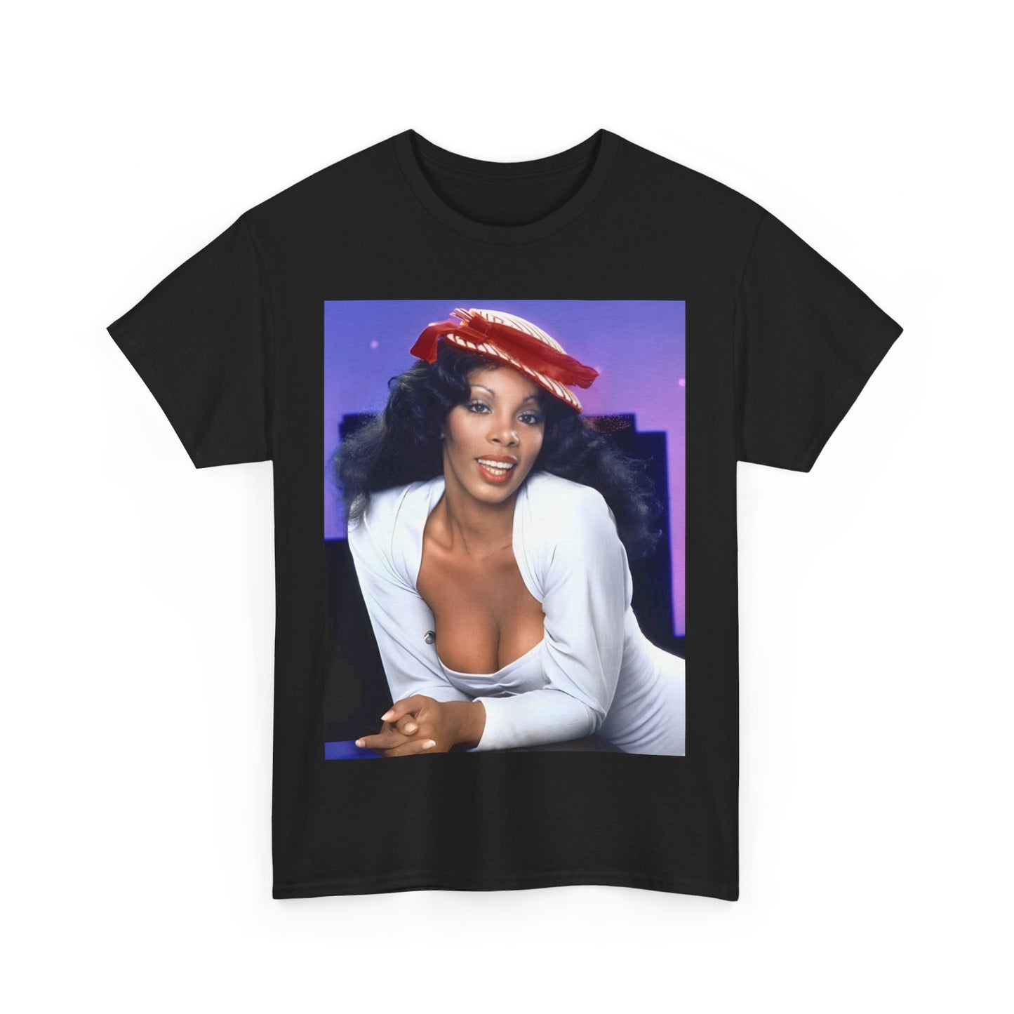 A black graphic t-shirt featuring a retro graphic related to Donna Summer's 'Bad Girls' album era.