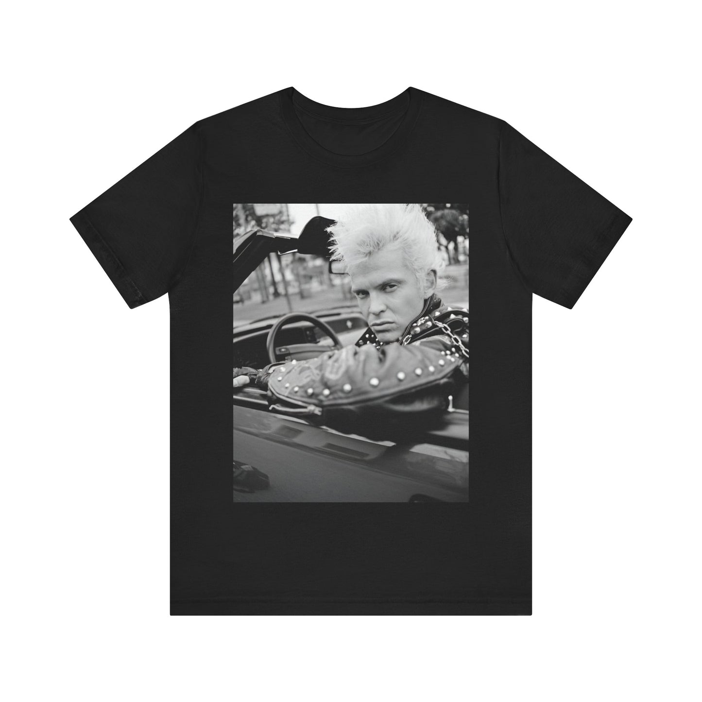 A black graphic t-shirt featuring a graphic of Billy Idol in a classic 80s punk rock pose.