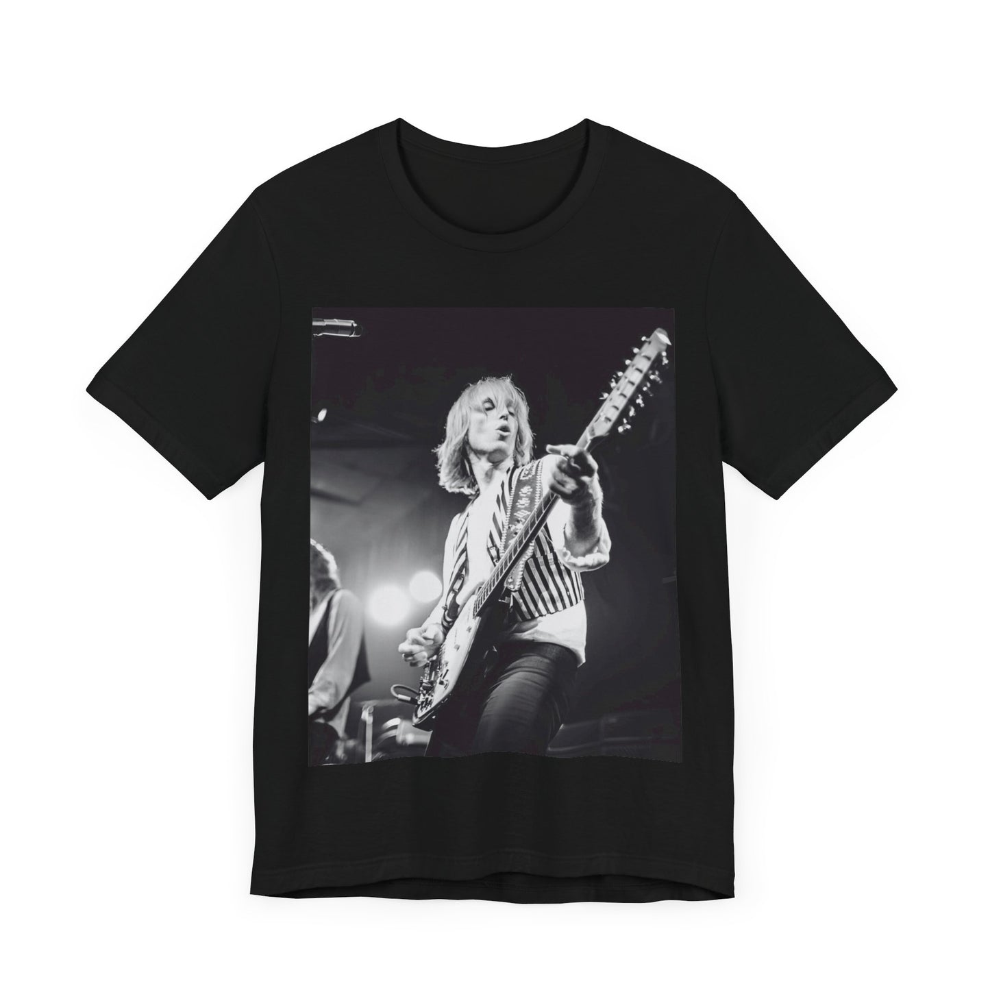 A black graphic t-shirt featuring a graphic of Tom Petty as a Rock & Roll Hall of Fame icon.