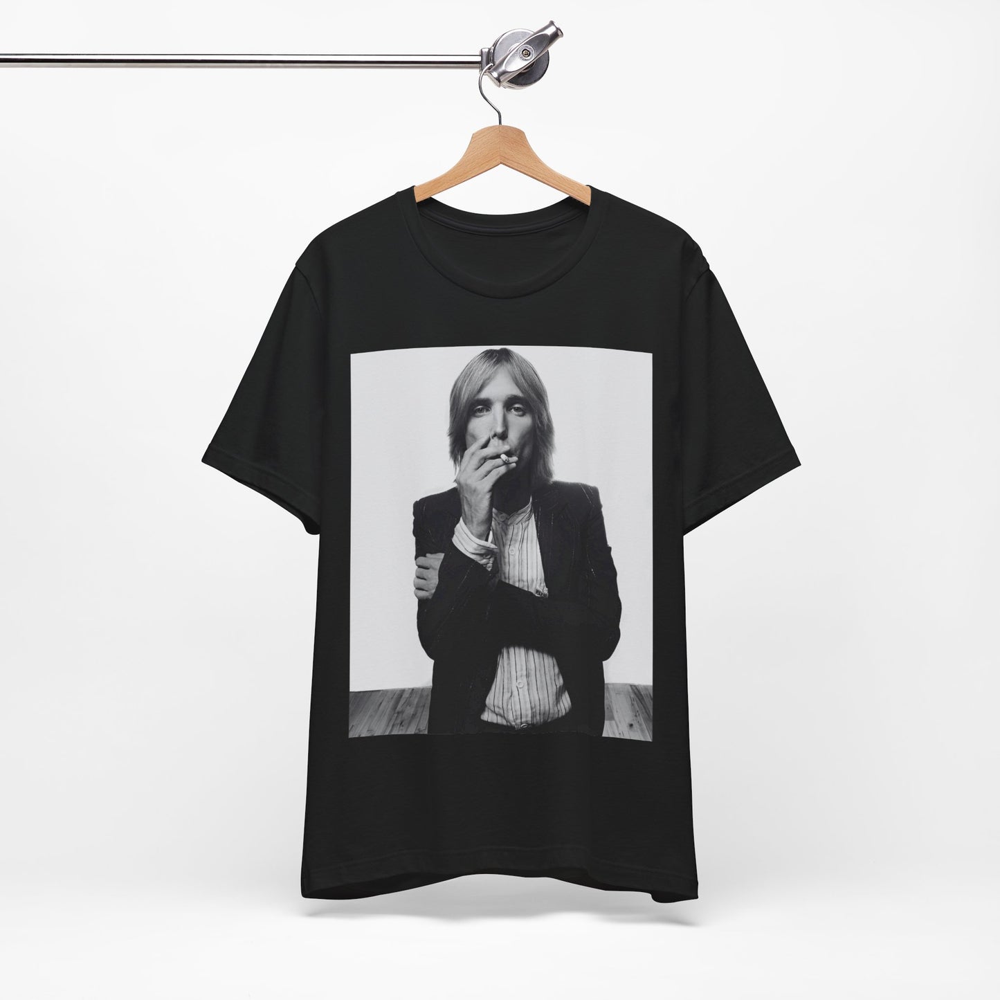 A black graphic t-shirt featuring a black and white graphic or photo of Tom Petty as a Southern rock icon.