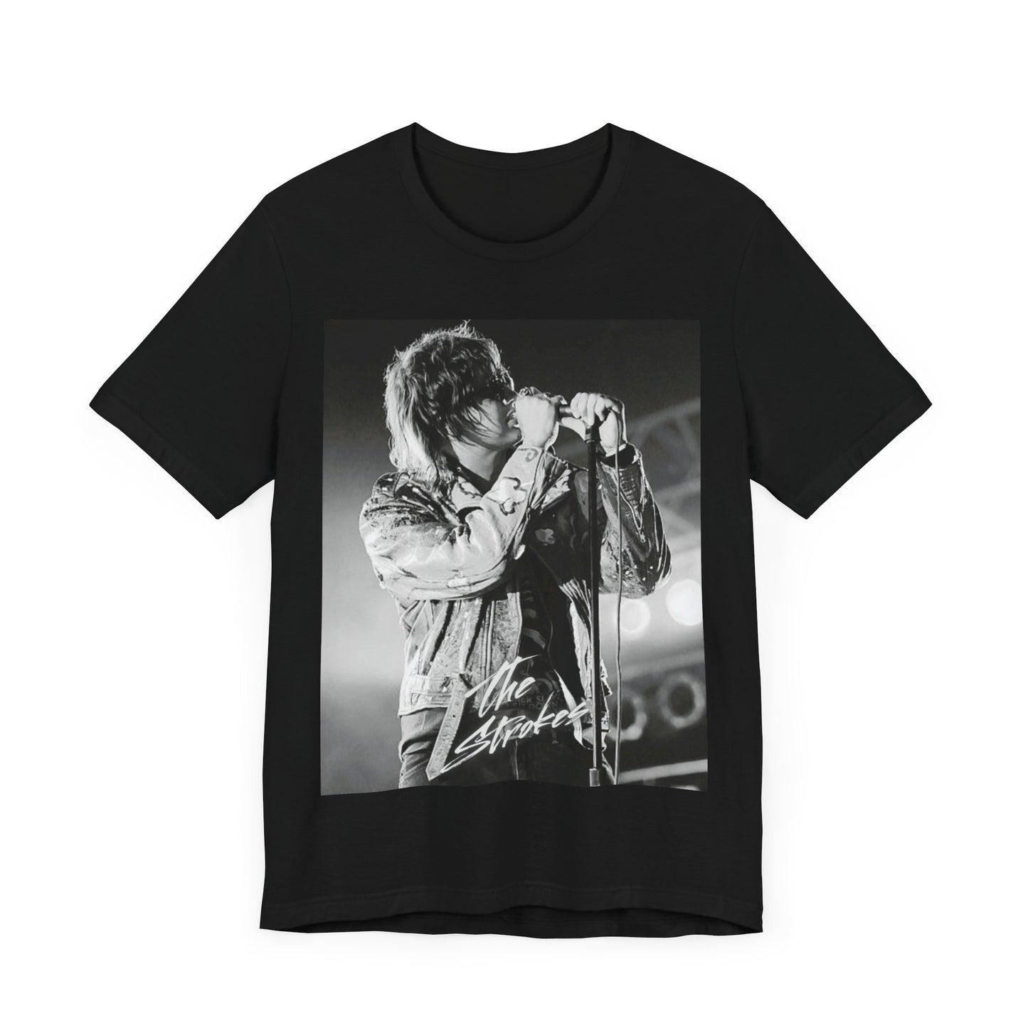 A black graphic t-shirt featuring a vintage graphic related to The Strokes' 'Last Nite' song or era.