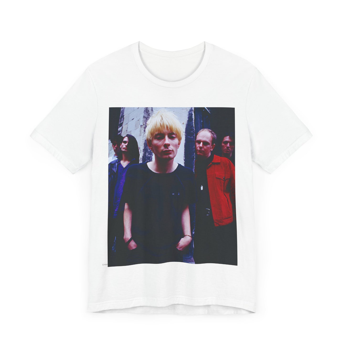 A black graphic t-shirt featuring a graphic of Radiohead as unapologetic art rock icons.