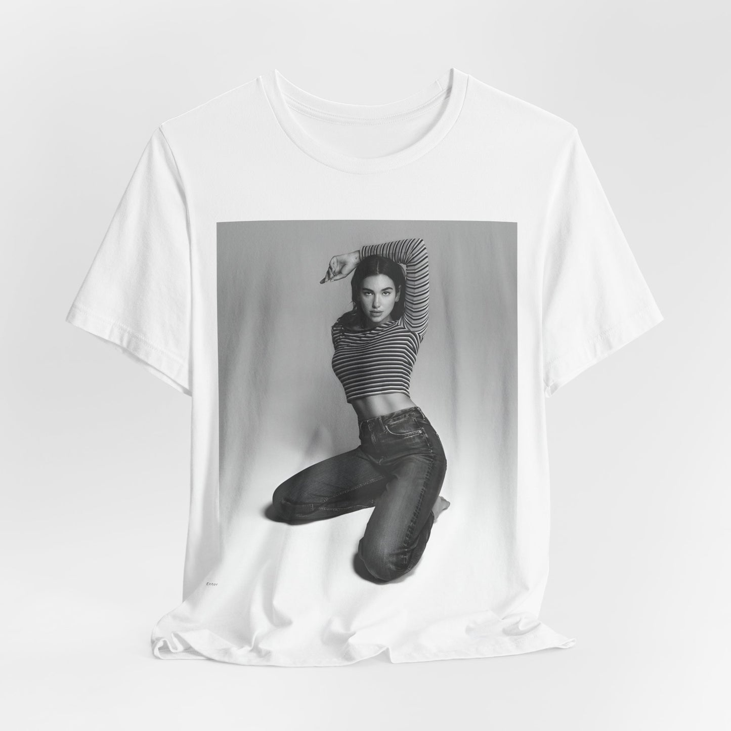 A black graphic t-shirt featuring a black and white photo of Dua Lipa in a posed manner.