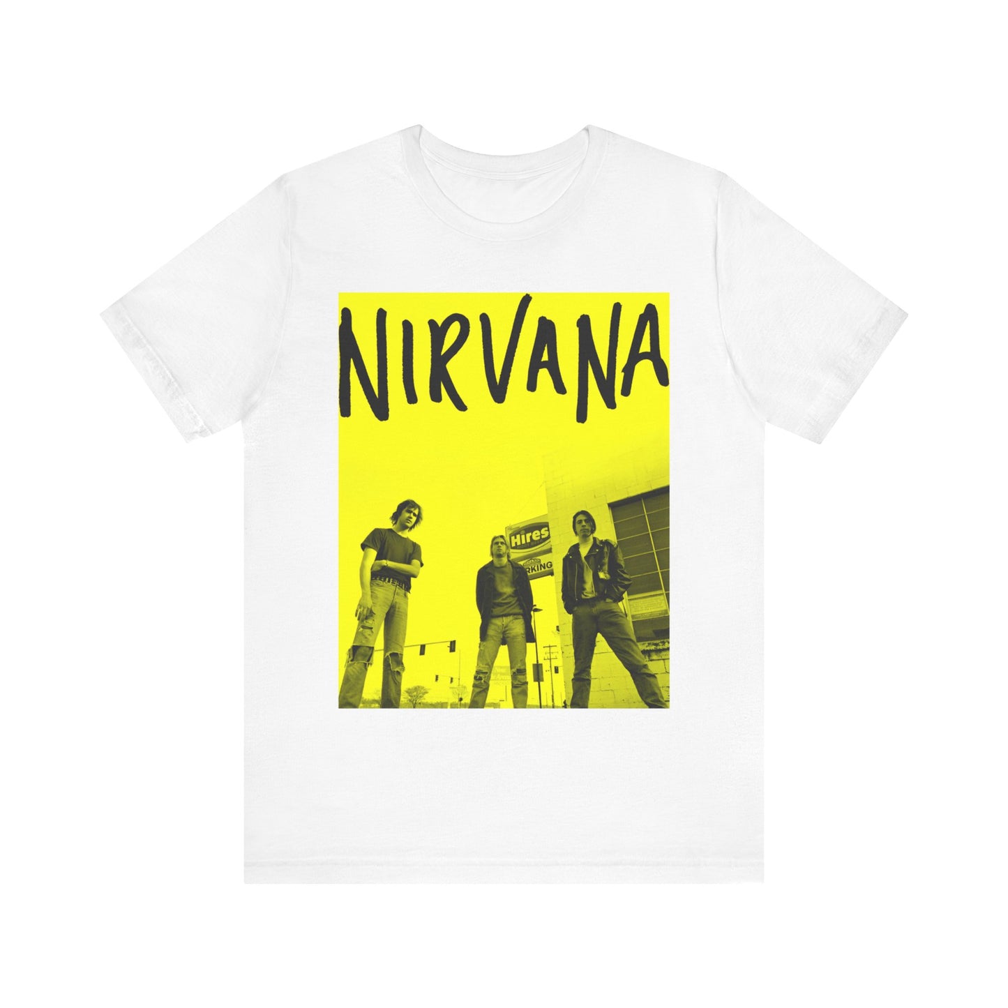 A black graphic t-shirt featuring a neon yellow aesthetic graphic of Nirvana.