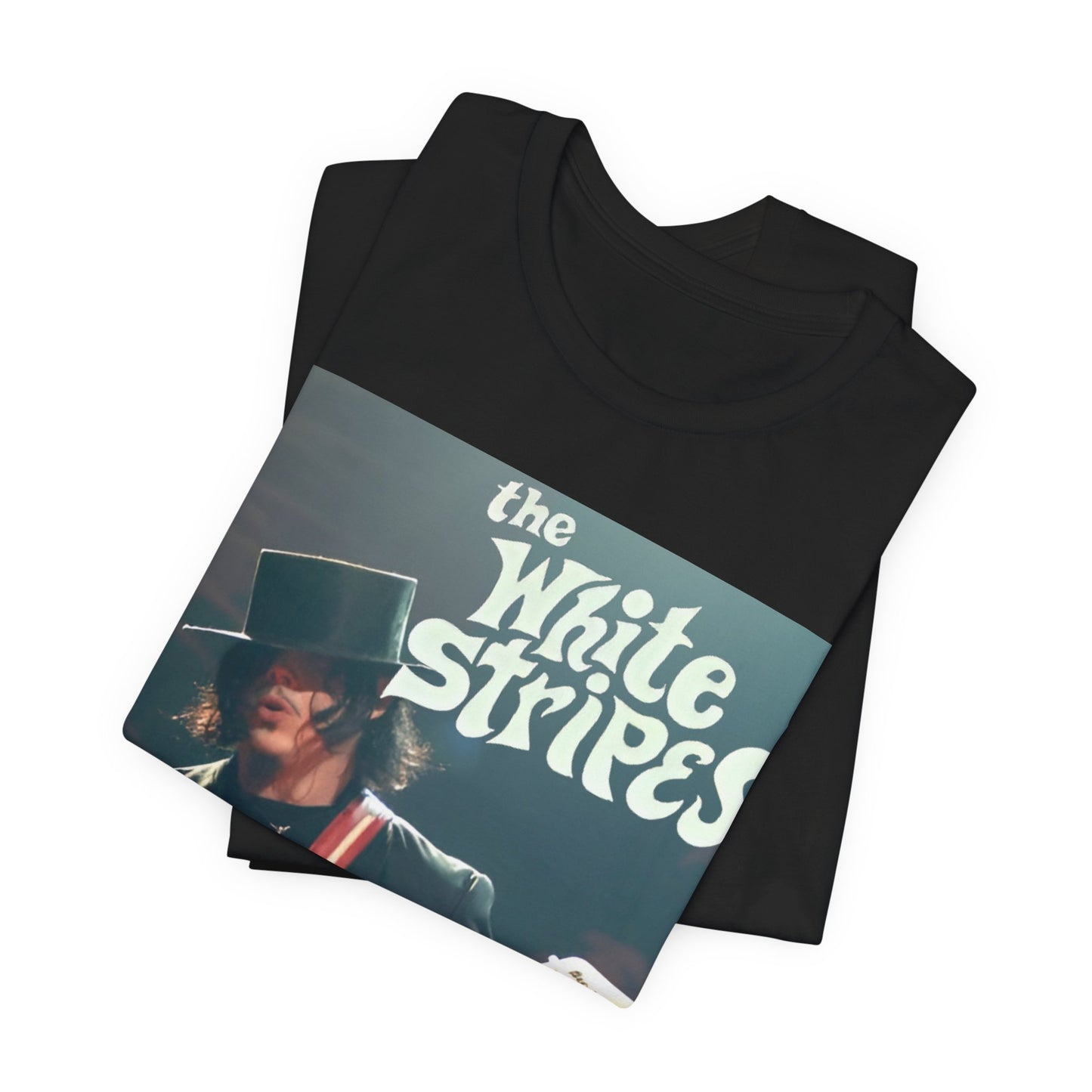 A black graphic t-shirt featuring a graphic of Jack White from The White Stripes as a guitar god.