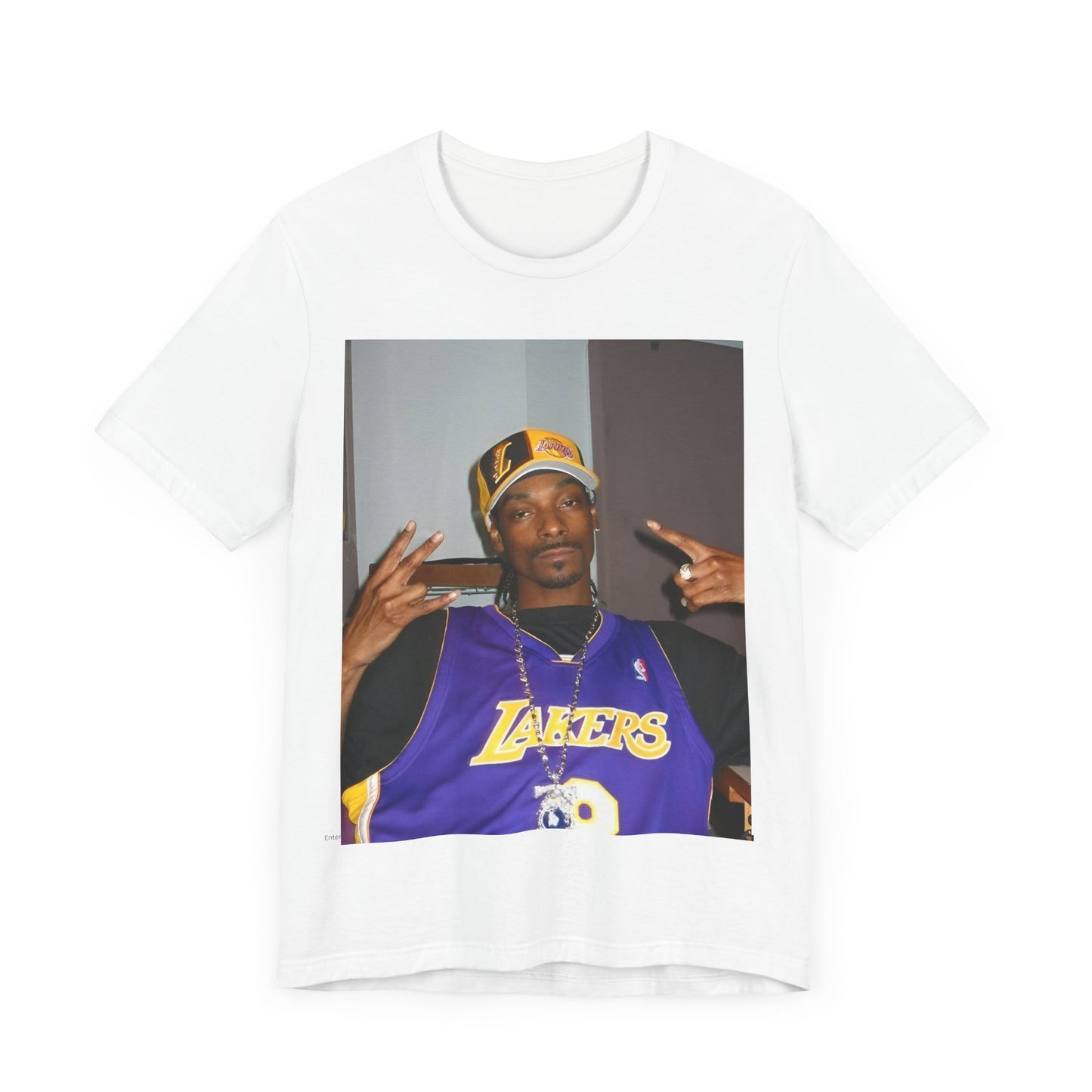 A black graphic t-shirt featuring a graphic of Snoop Dogg with Lakers branding or colors.