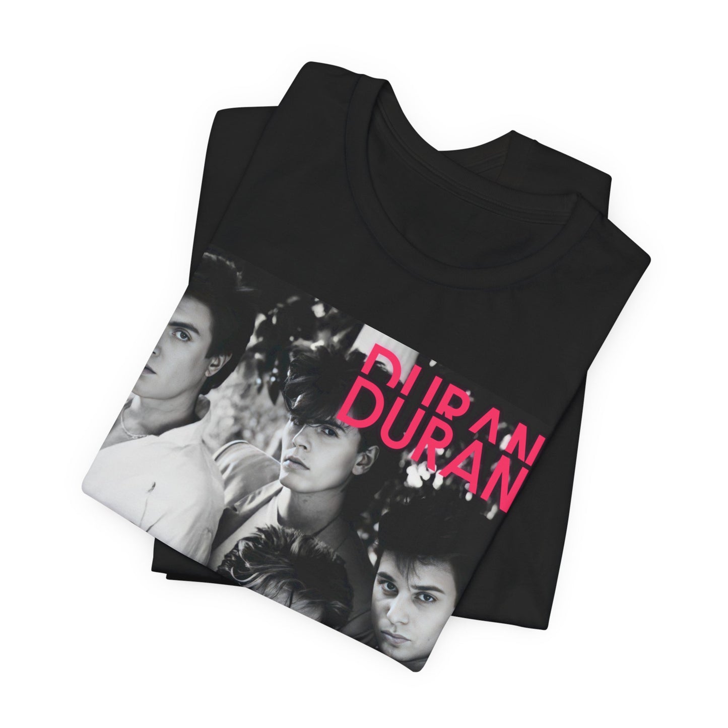 A black graphic t-shirt featuring an 80s black and white monochrome photo of the band Duran Duran.