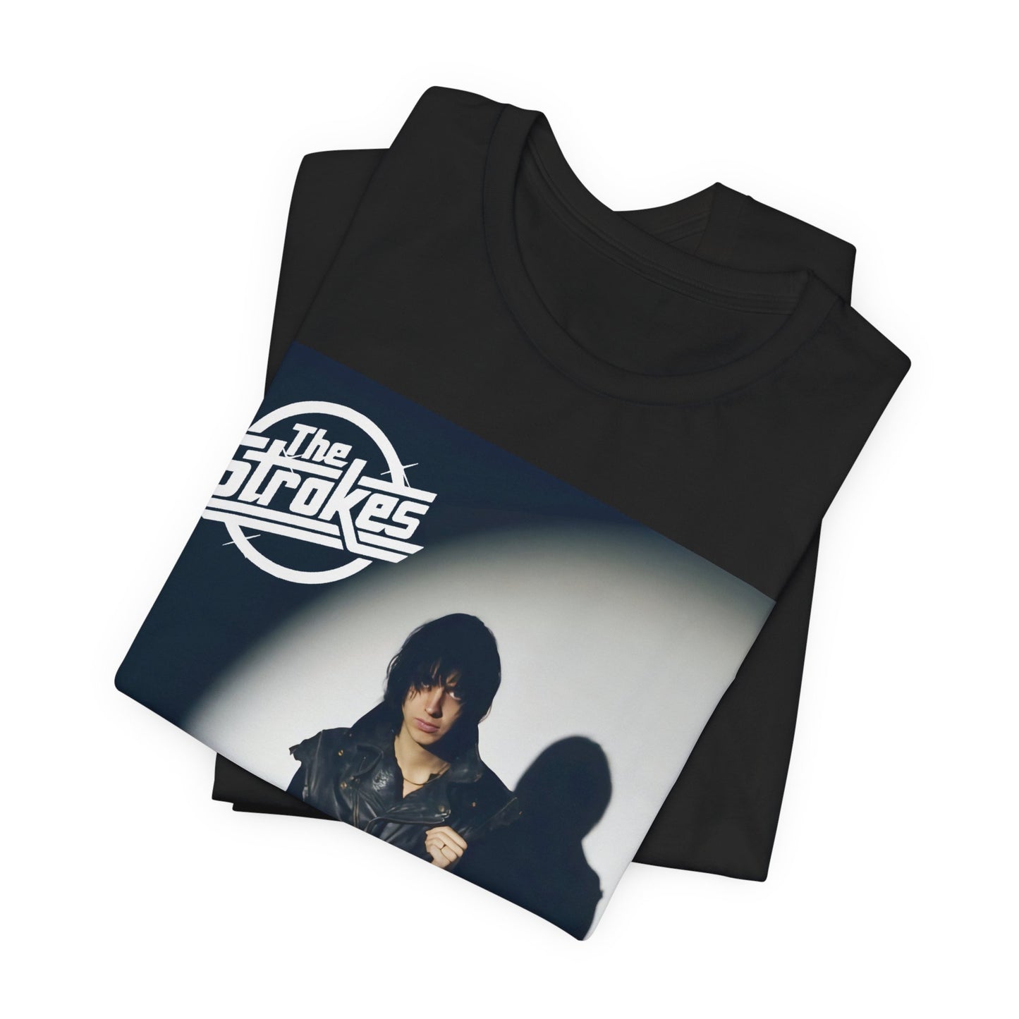 A black graphic t-shirt featuring a classic NYC garage rock graphic of The Strokes.
