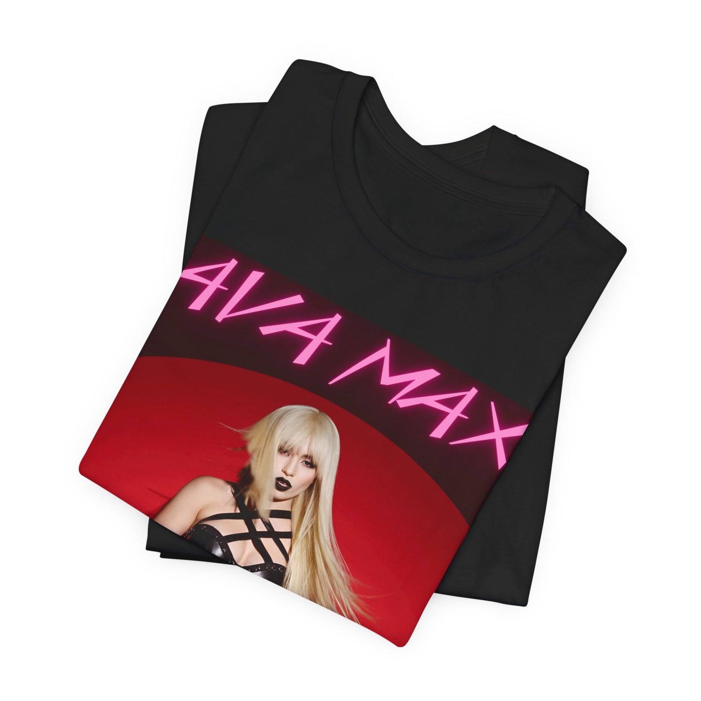 A black graphic t-shirt featuring a stylized graphic of Ava Max, emphasizing her status as a pop icon.