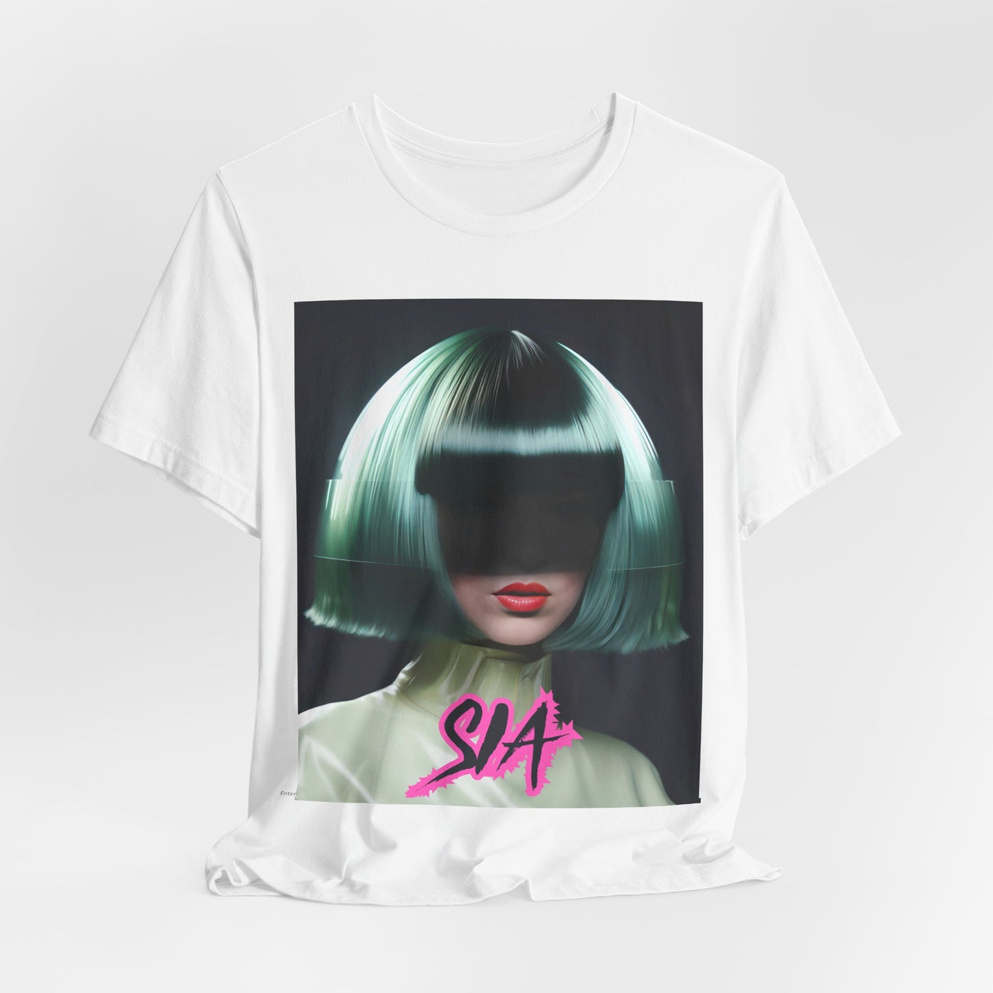 A black graphic t-shirt featuring a bold graphic of Sia as a pop superstar.
