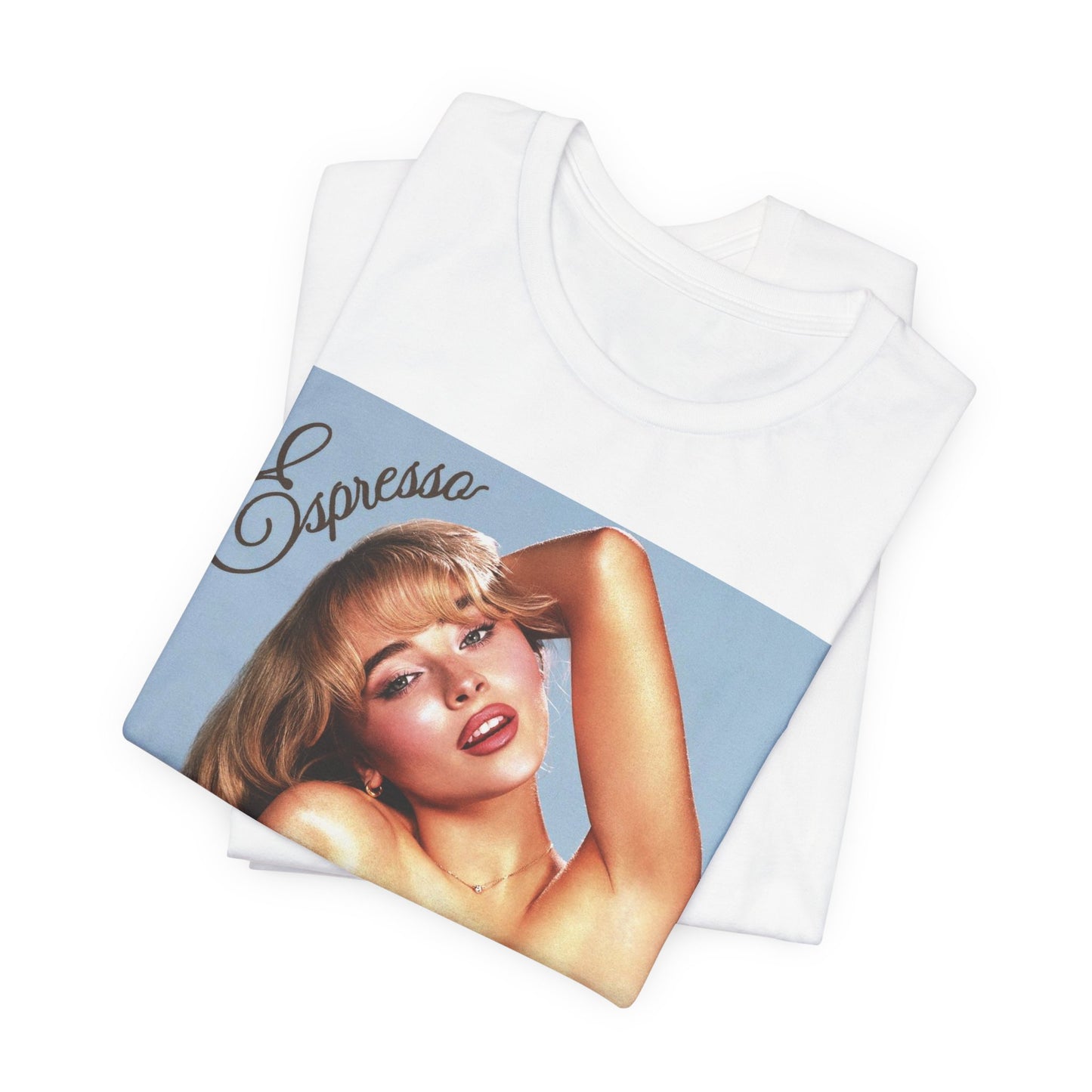 A black graphic t-shirt featuring a graphic related to Sabrina Carpenter's 'Espresso' song.