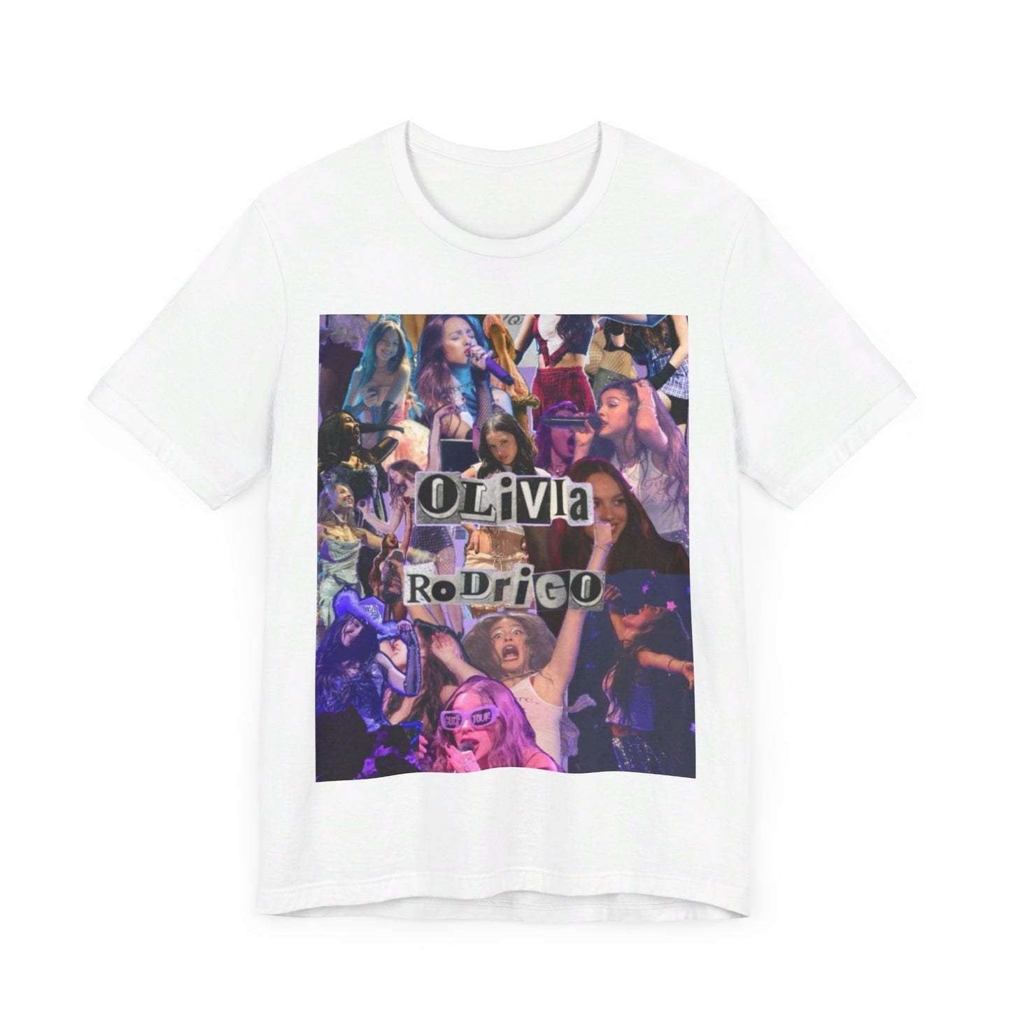 A black graphic t-shirt featuring a retro bootleg graphic of Olivia Rodrigo.