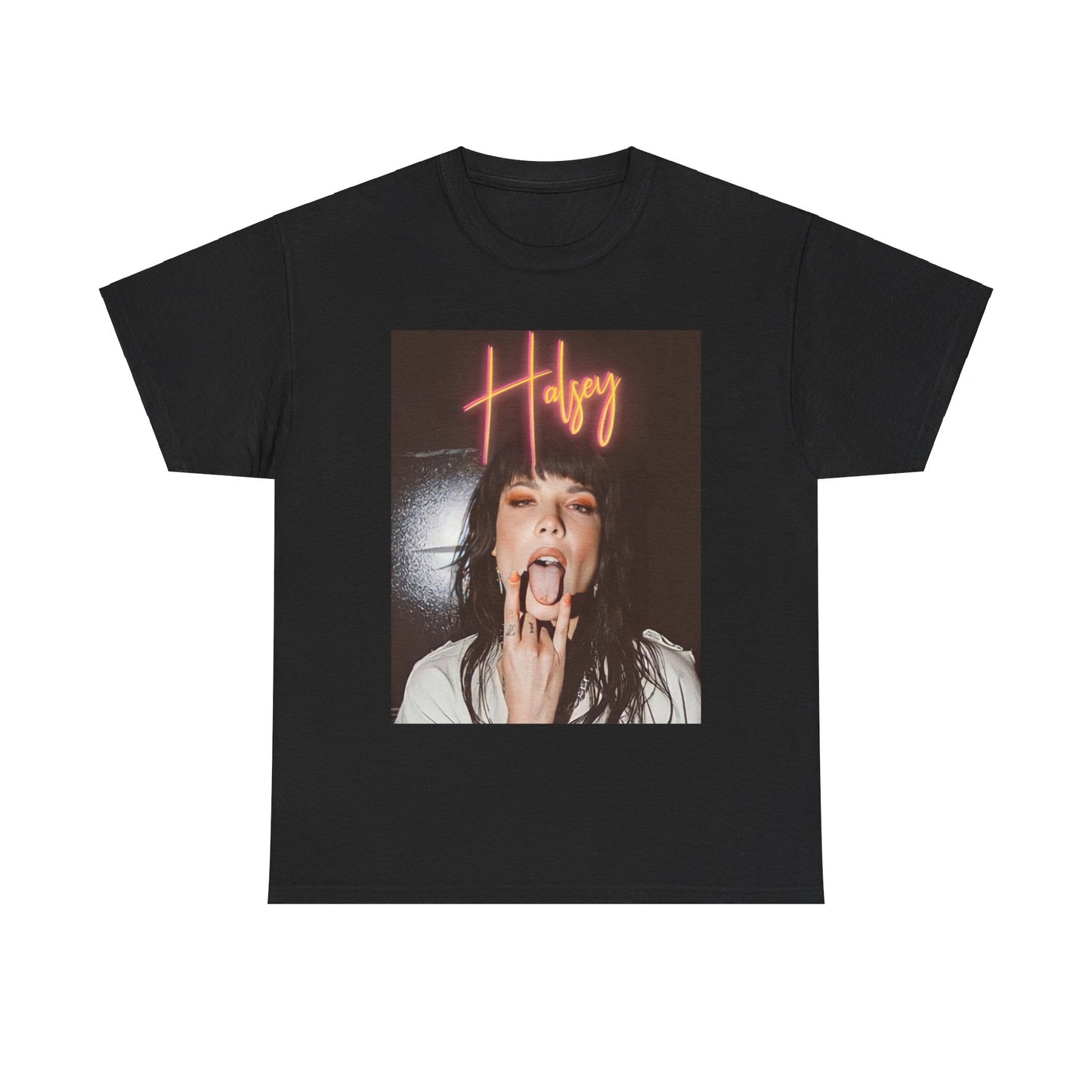 A black graphic t-shirt featuring a vintage pop diva graphic of Halsey.