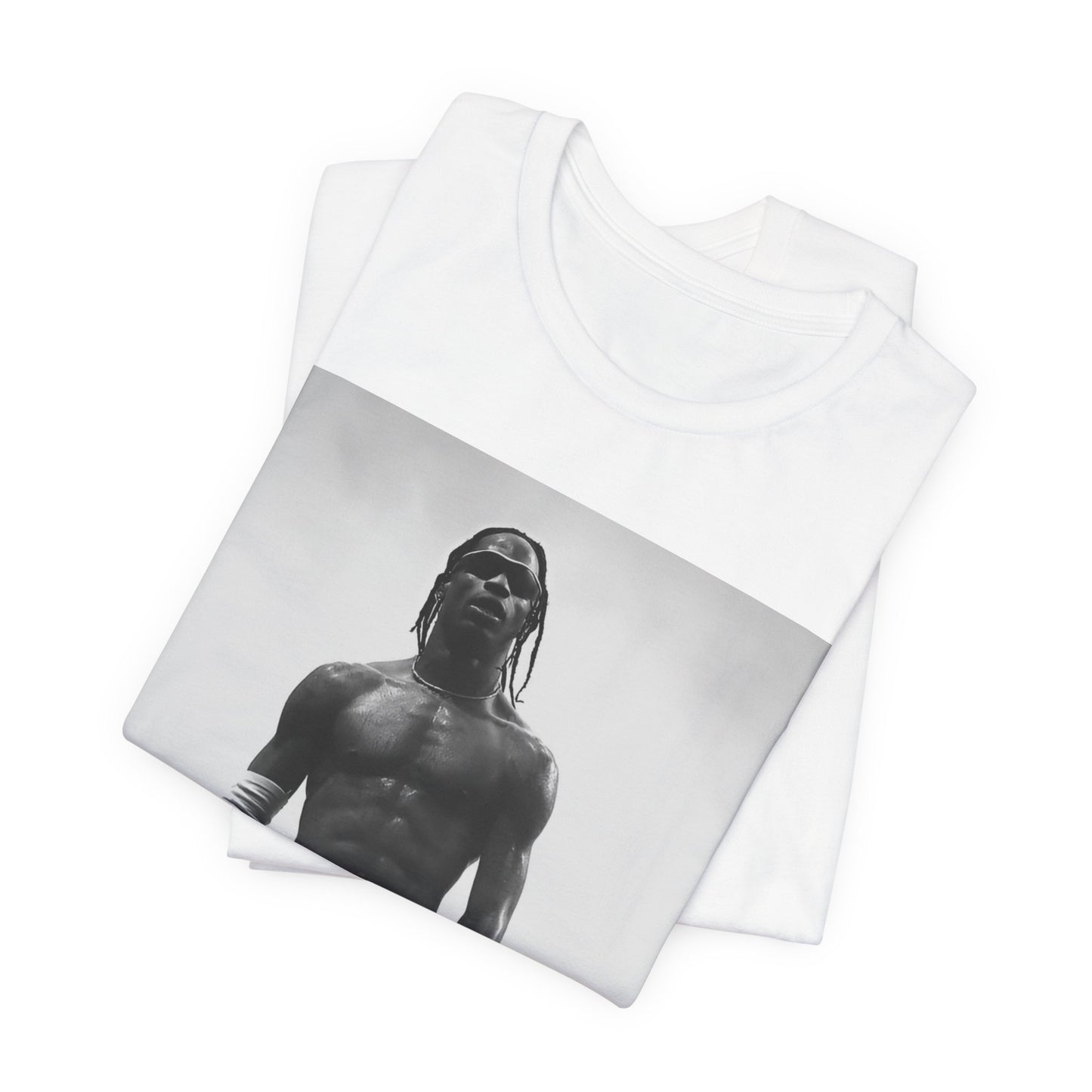 A black graphic t-shirt featuring a black and white portrait photo of Travis Scott.