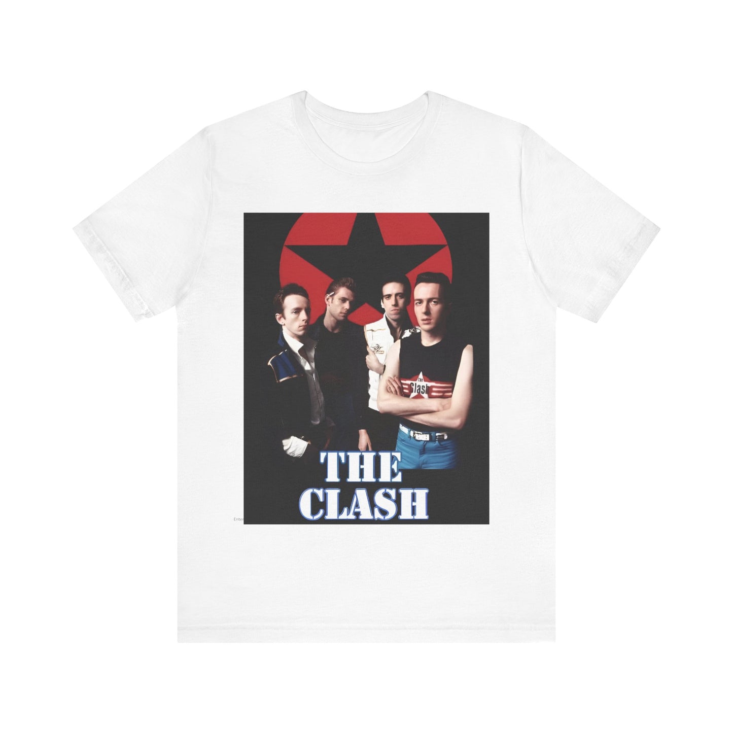 A black graphic t-shirt featuring a graphic related to The Clash's 'Should I Stay or Should I Go' song or era.