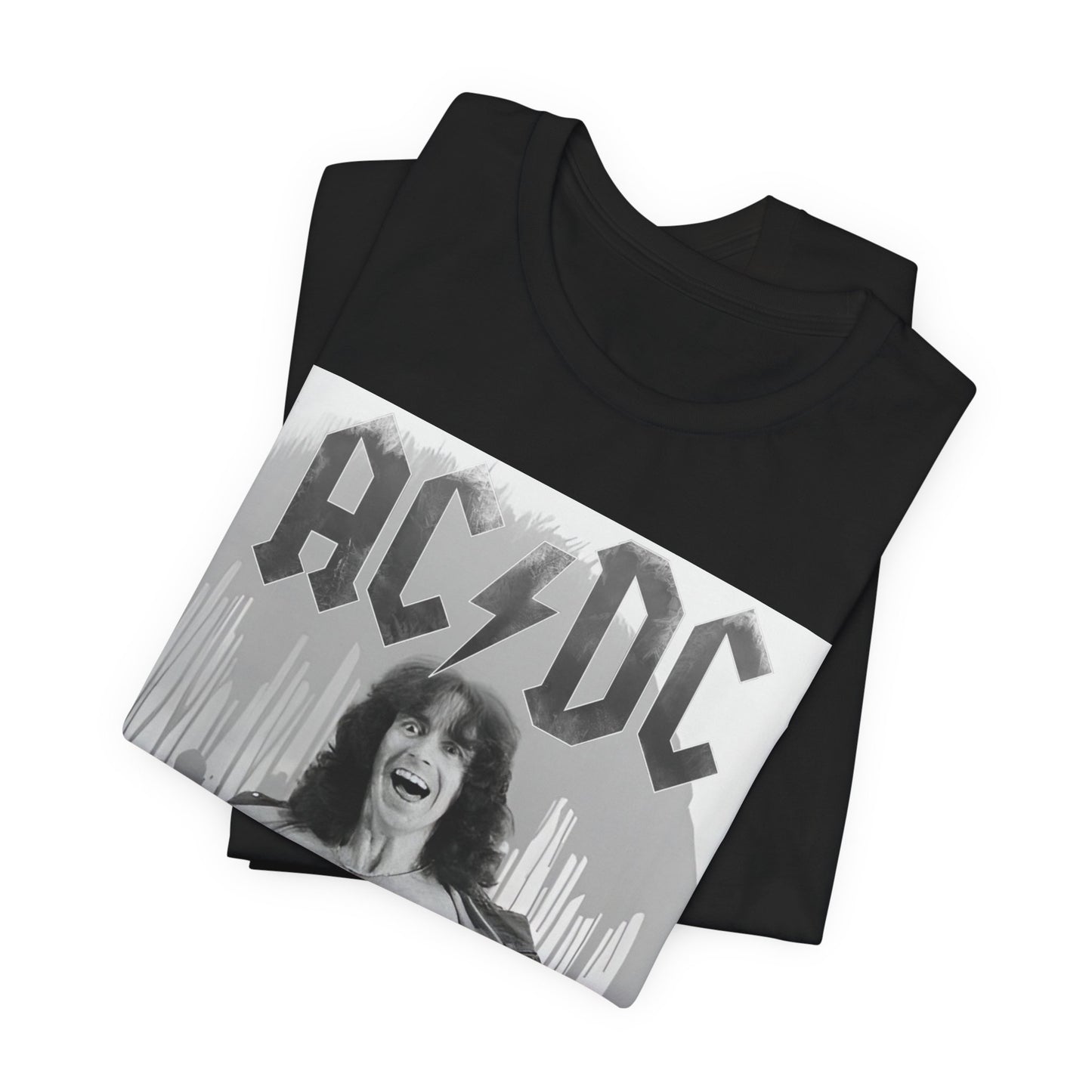 A vintage-style graphic of AC/DC's original frontman, Bon Scott, printed on a t-shirt.
