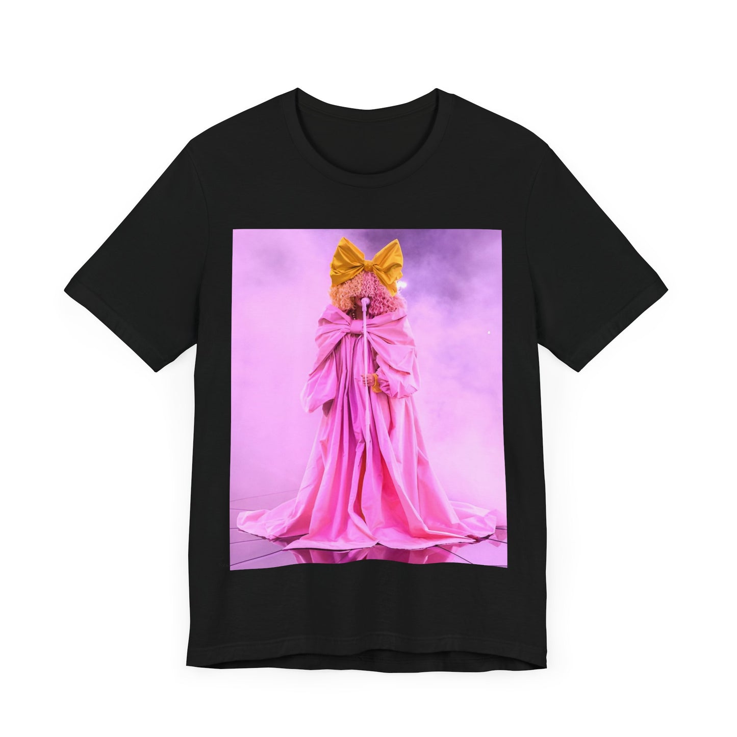 A black graphic t-shirt featuring a graphic related to Sia's 'Chandelier' song or live era.